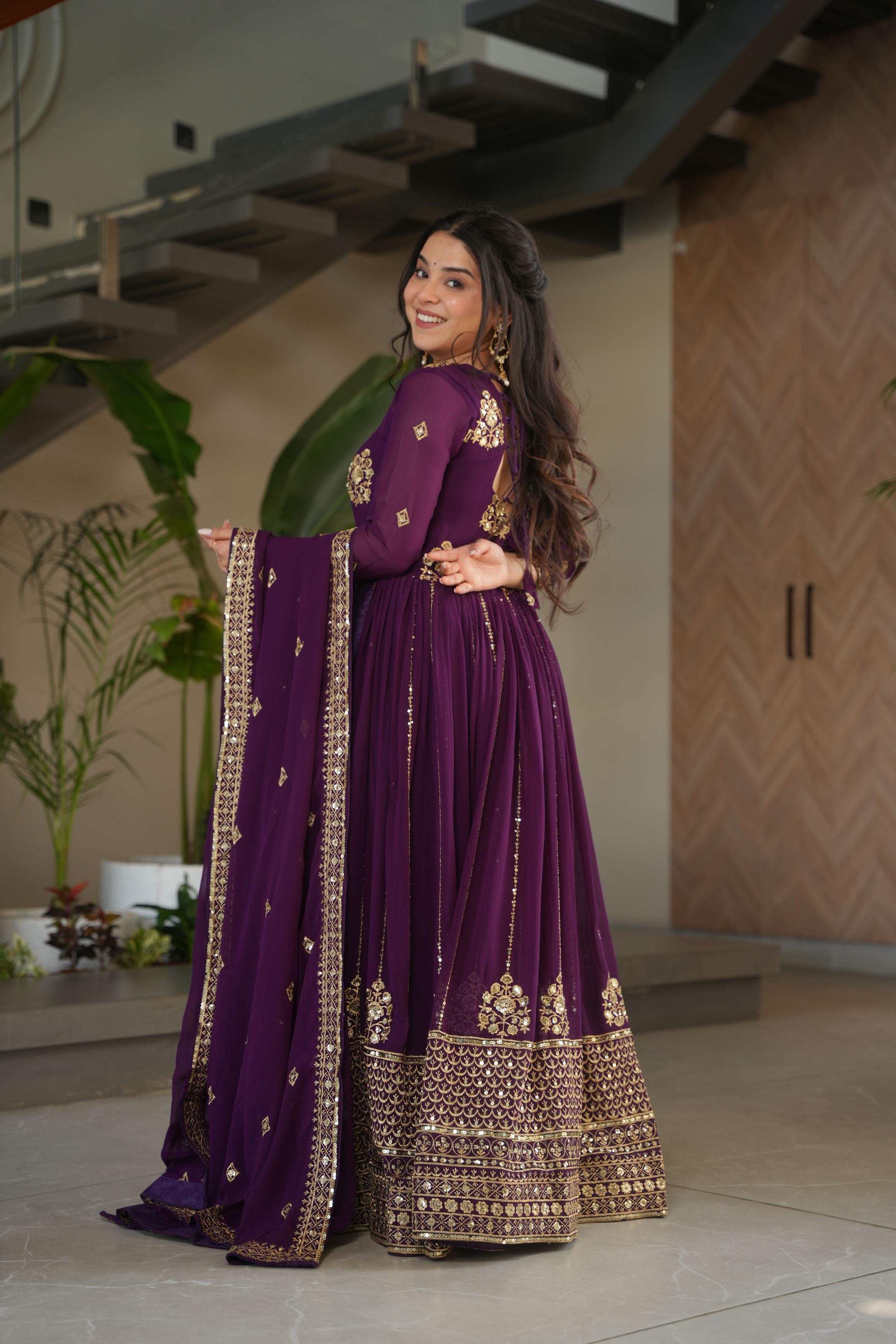 Purple Faux Georgette Jari Embroidery Gown