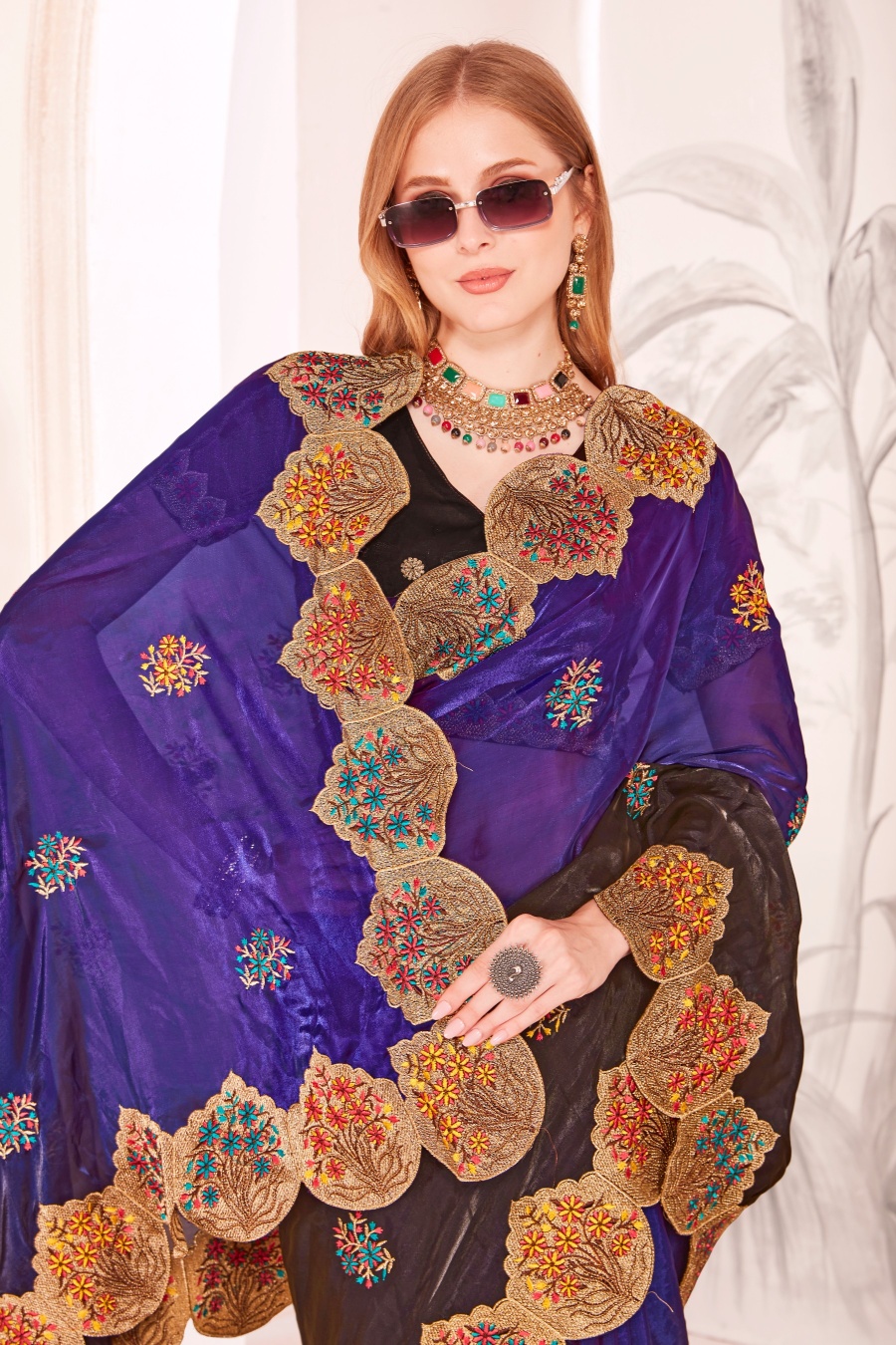 Purple Fendi Satin Silk Two Tone Shaded Zari and Resham Embroidered Saree — alternate view