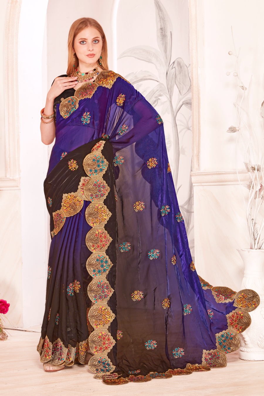 Purple Fendi Satin Silk Two Tone Shaded Zari and Resham Embroidered Saree