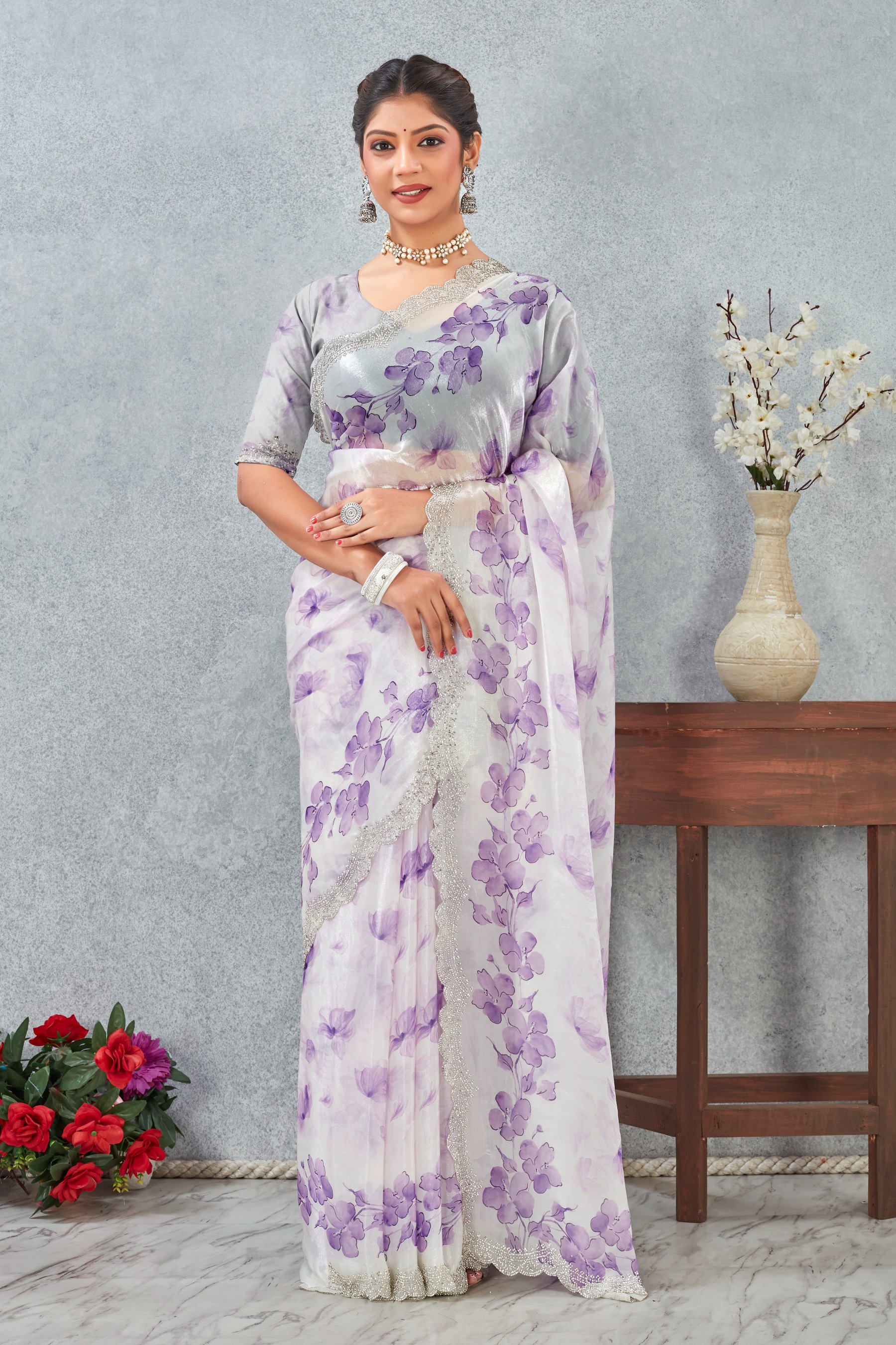 Purple Fendy Satin Floral Zircon Border Saree