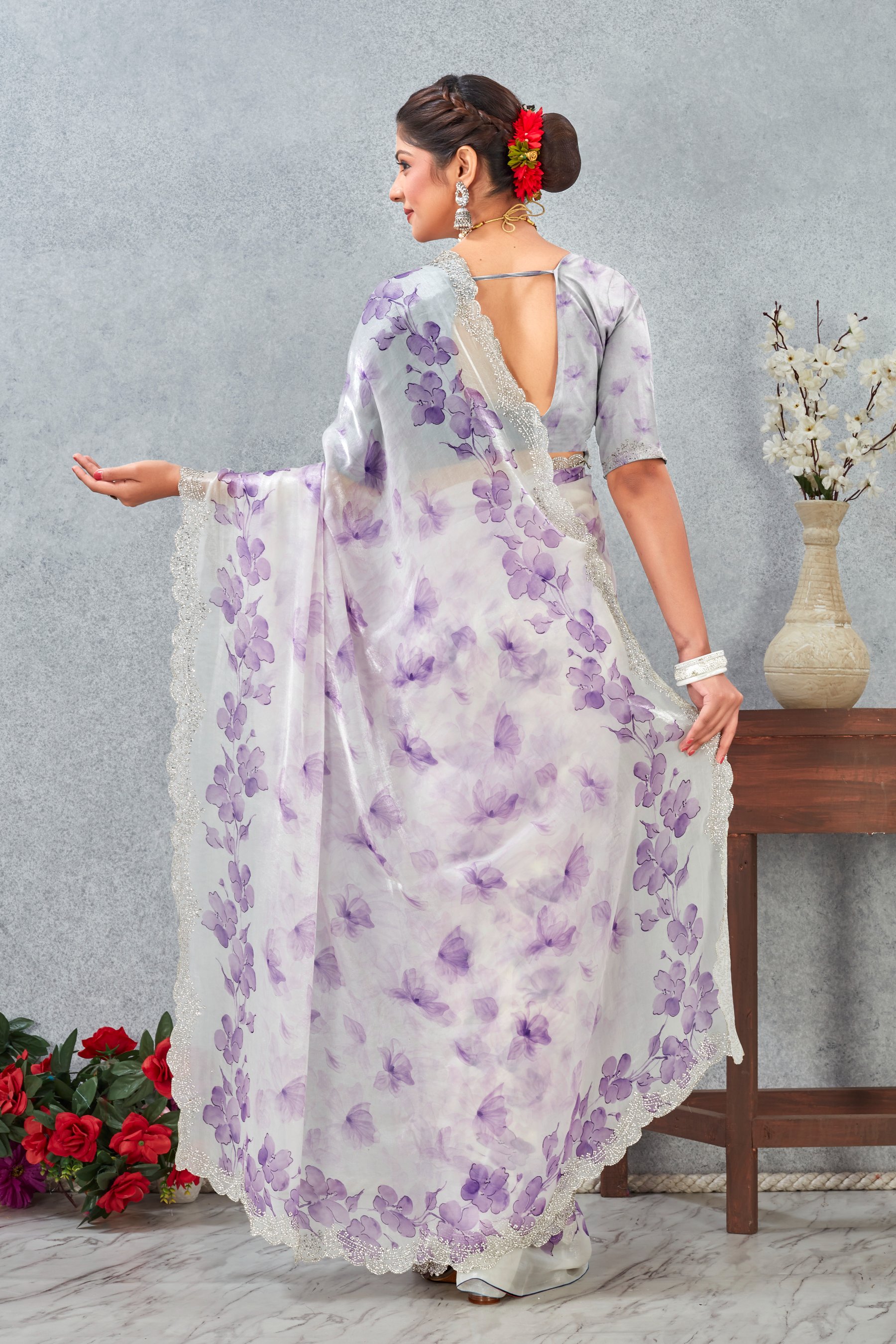 Purple Fendy Satin Floral Zircon Border Saree — alternate view