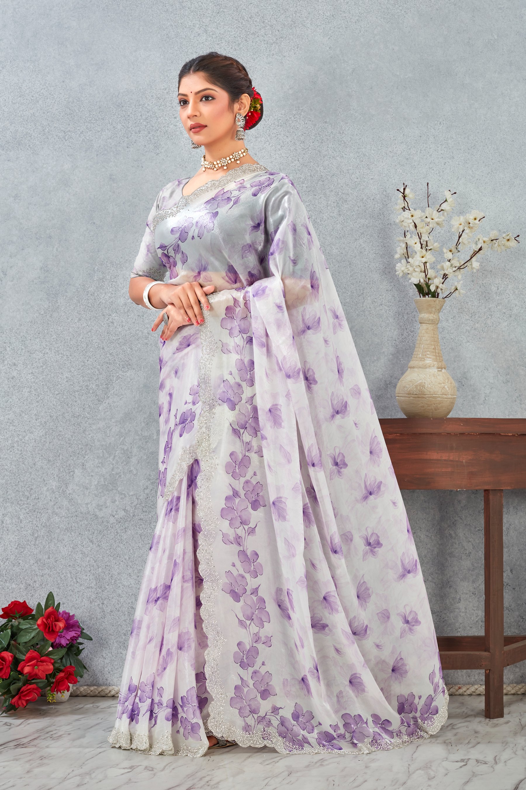 Purple Fendy Satin Floral Zircon Border Saree
