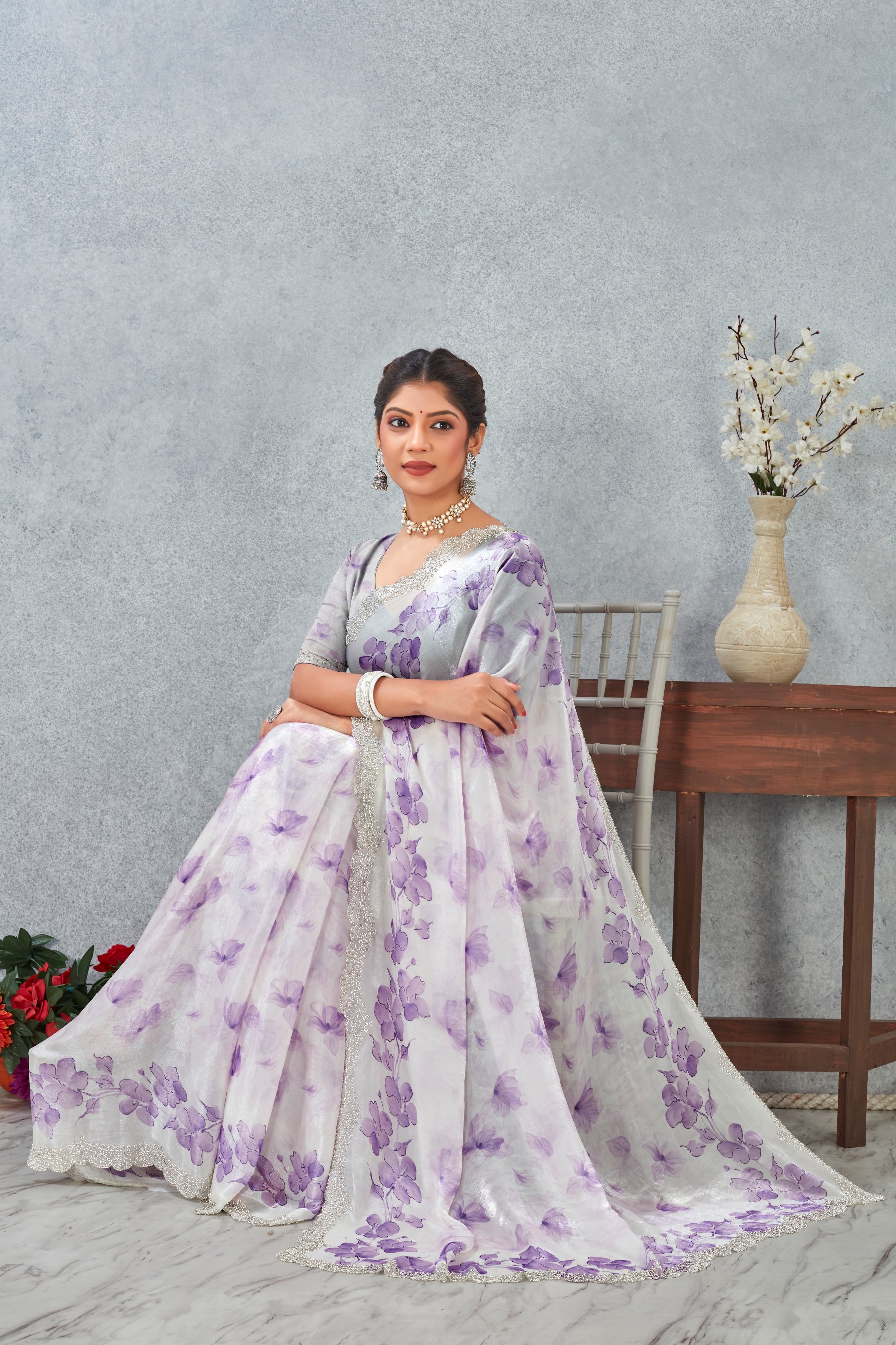 Purple Fendy Satin Floral Zircon Border Saree