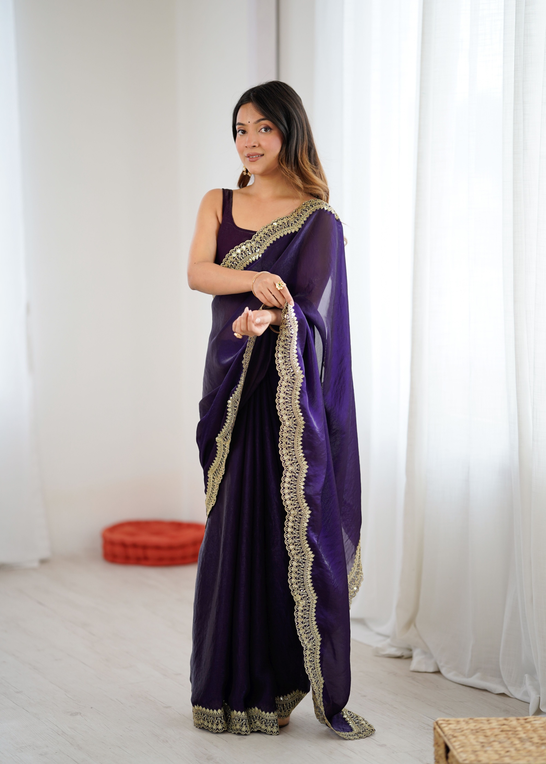 Purple Fendy Satin Silk Sequin Zari Embroidered Saree