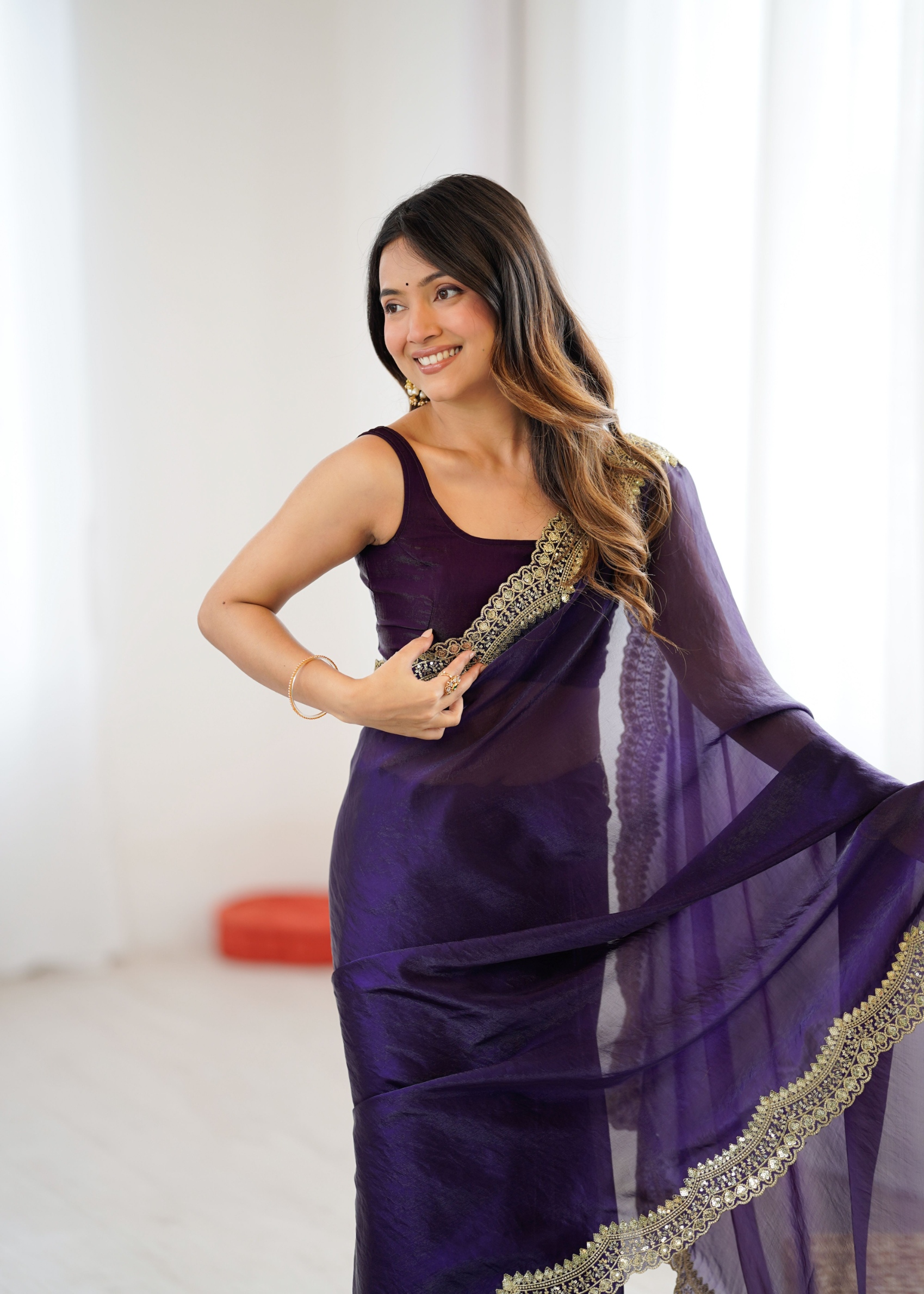 Purple Fendy Satin Silk Sequin Zari Embroidered Saree