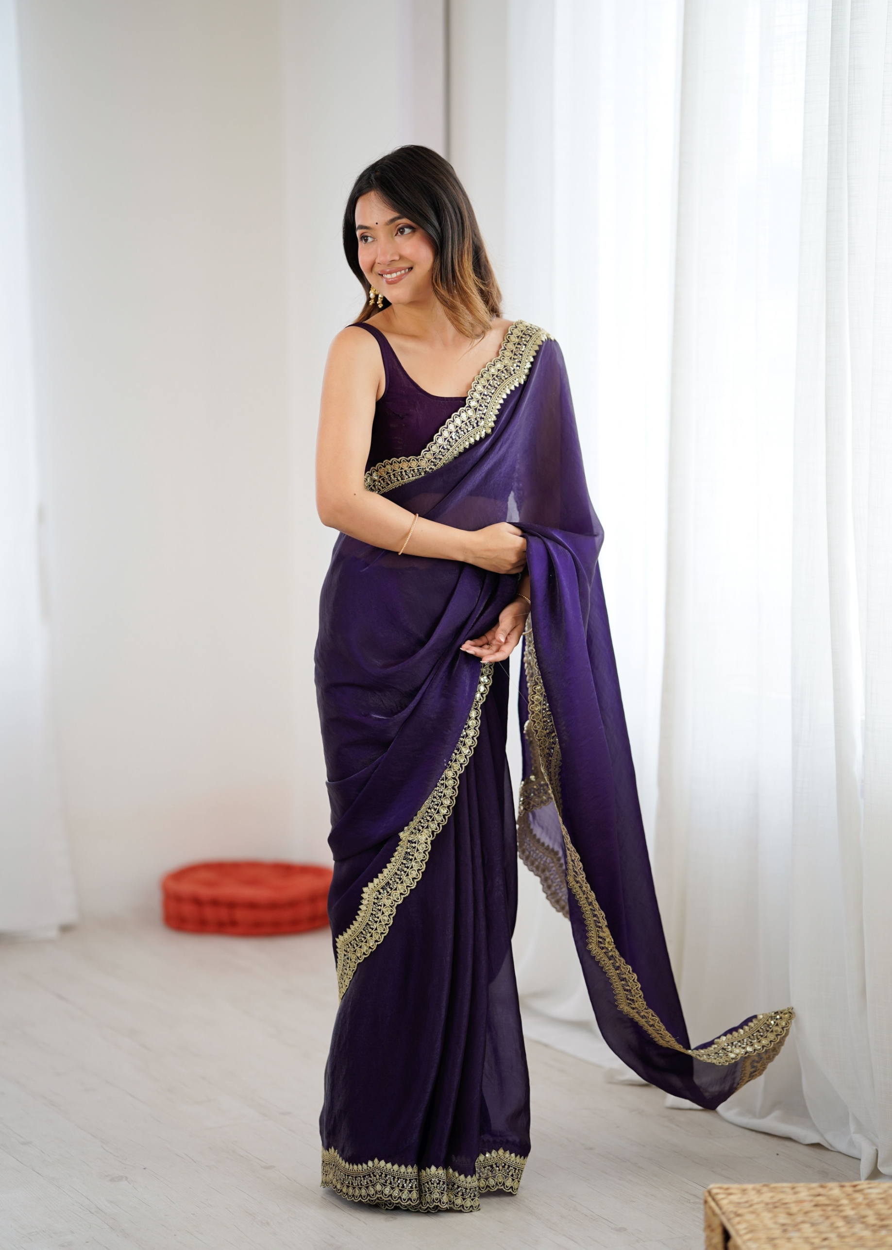 Purple Fendy Satin Silk Sequin Zari Embroidered Saree