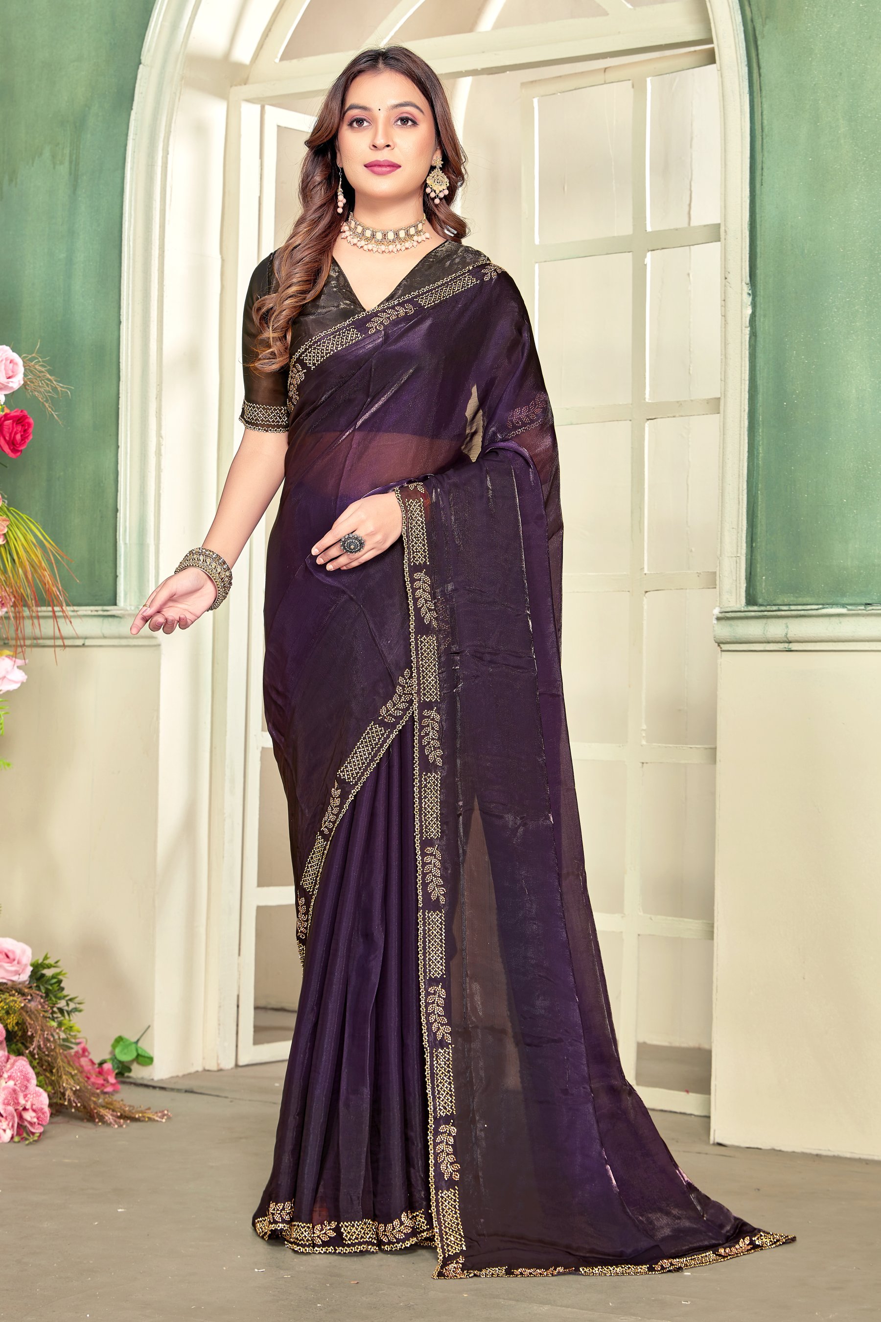 Purple Fendy Satin Silk Zircon Border Saree