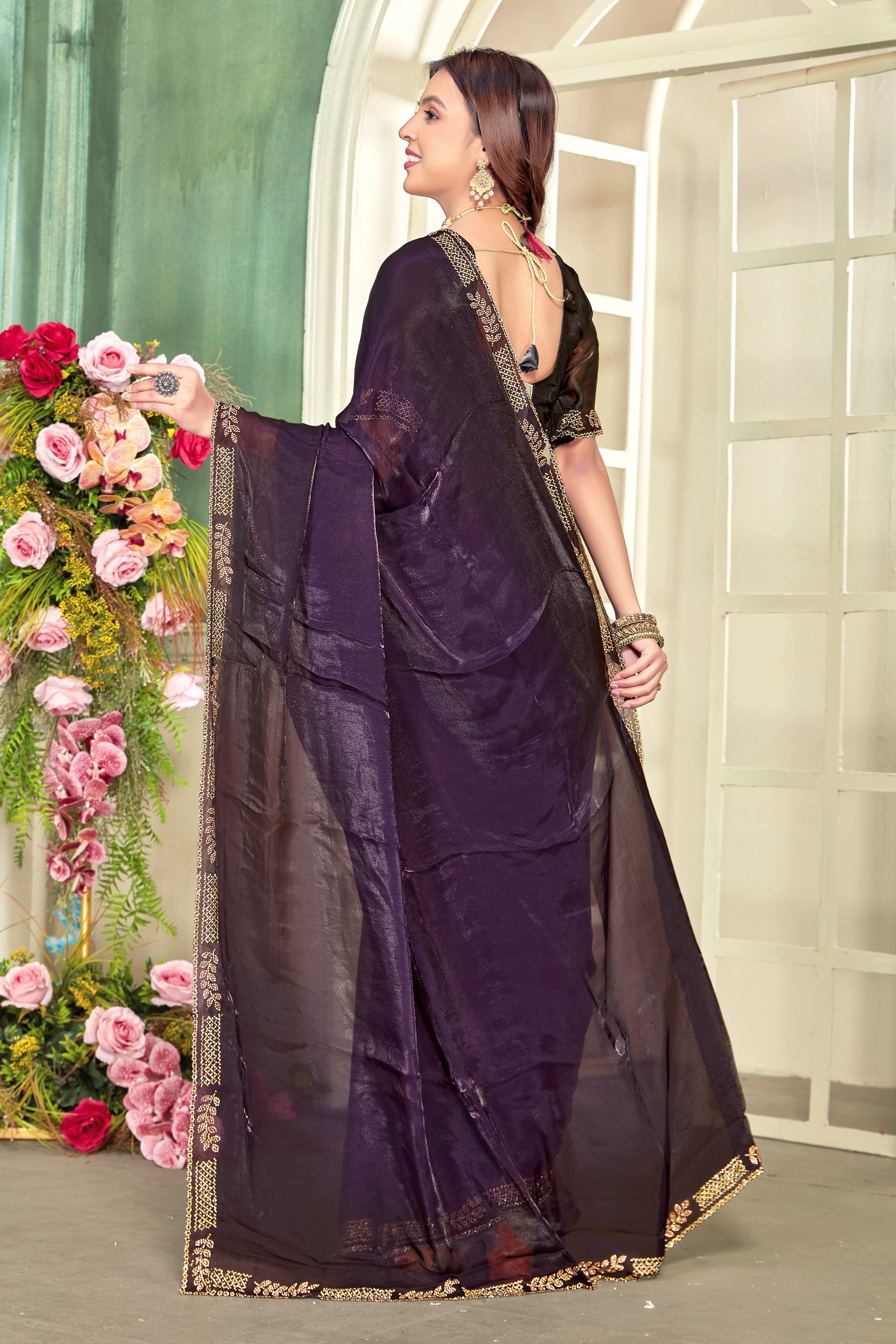 Purple Fendy Satin Silk Zircon Border Saree — alternate view