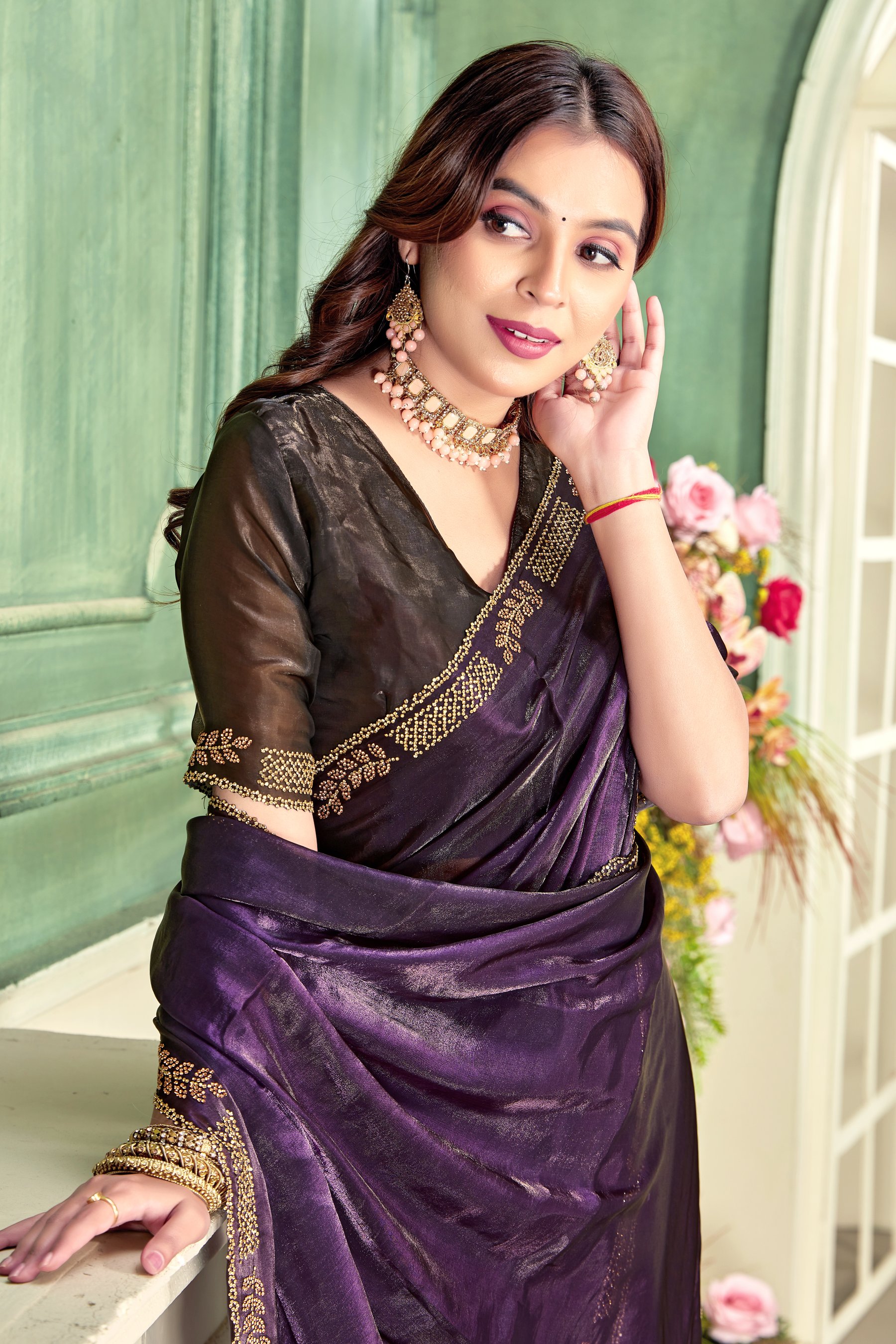 Purple Fendy Satin Silk Zircon Border Saree