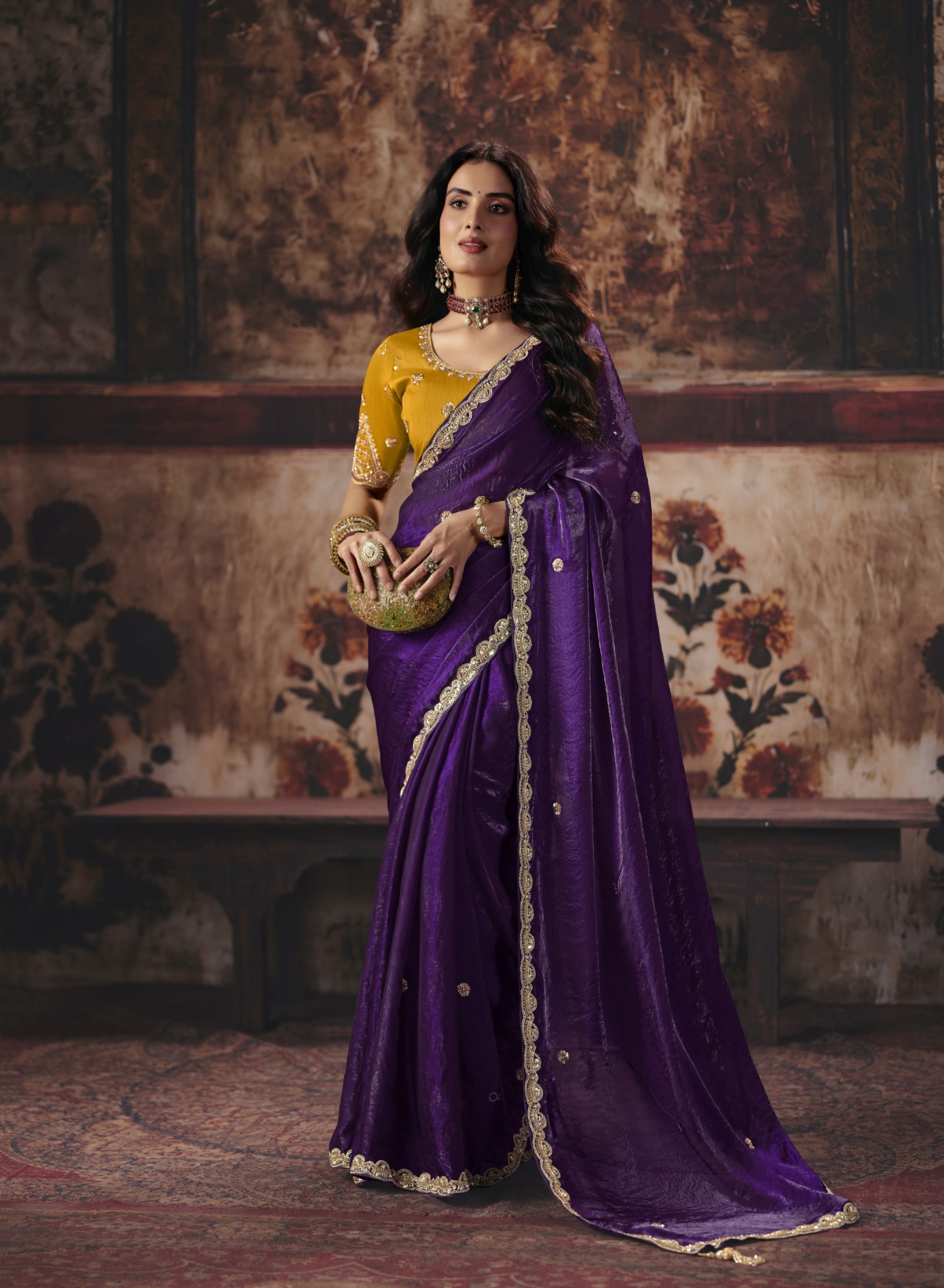 Purple Floral Bead Work Fendy Satin Saree