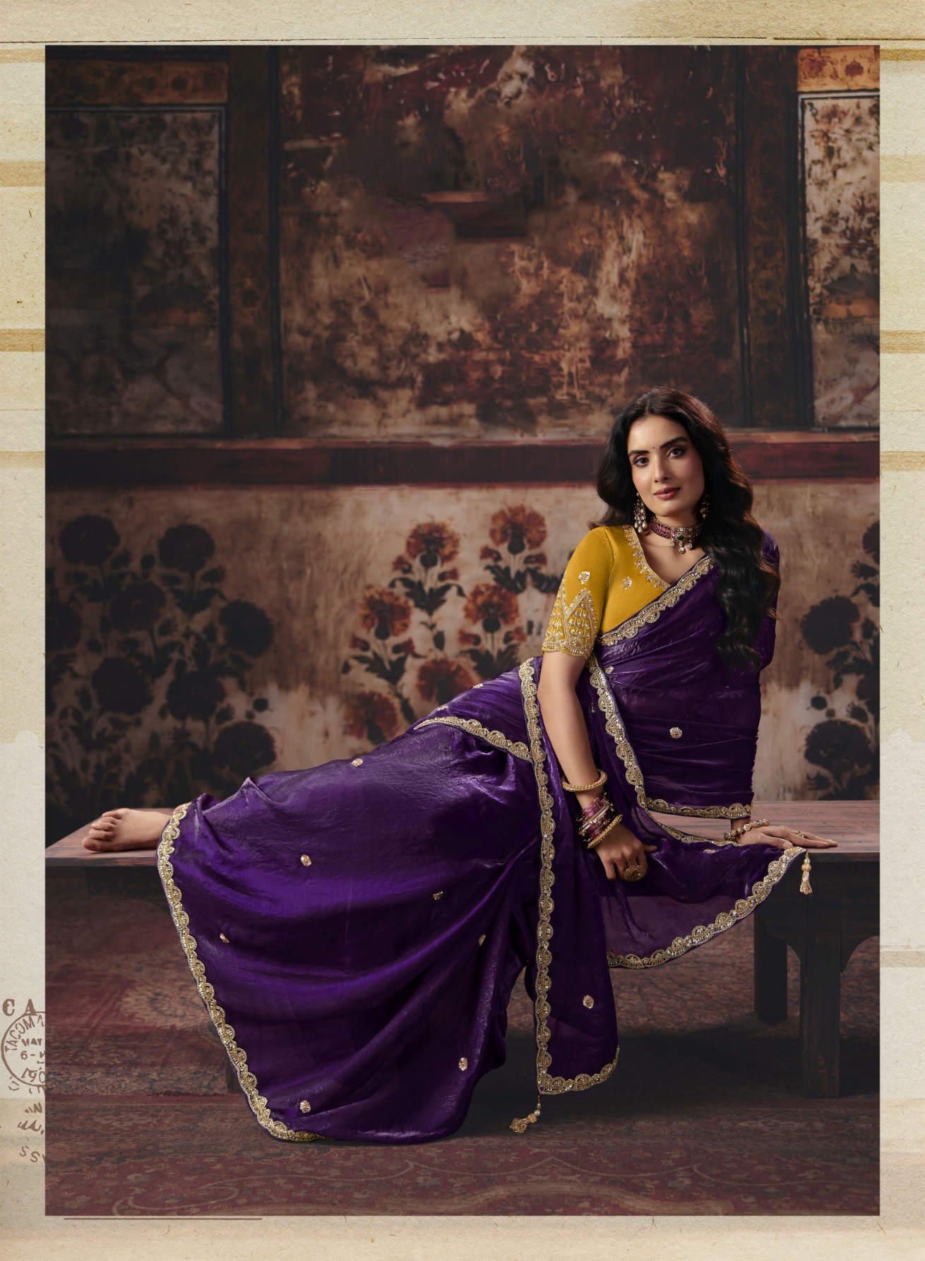 Purple Floral Bead Work Fendy Satin Saree — alternate view
