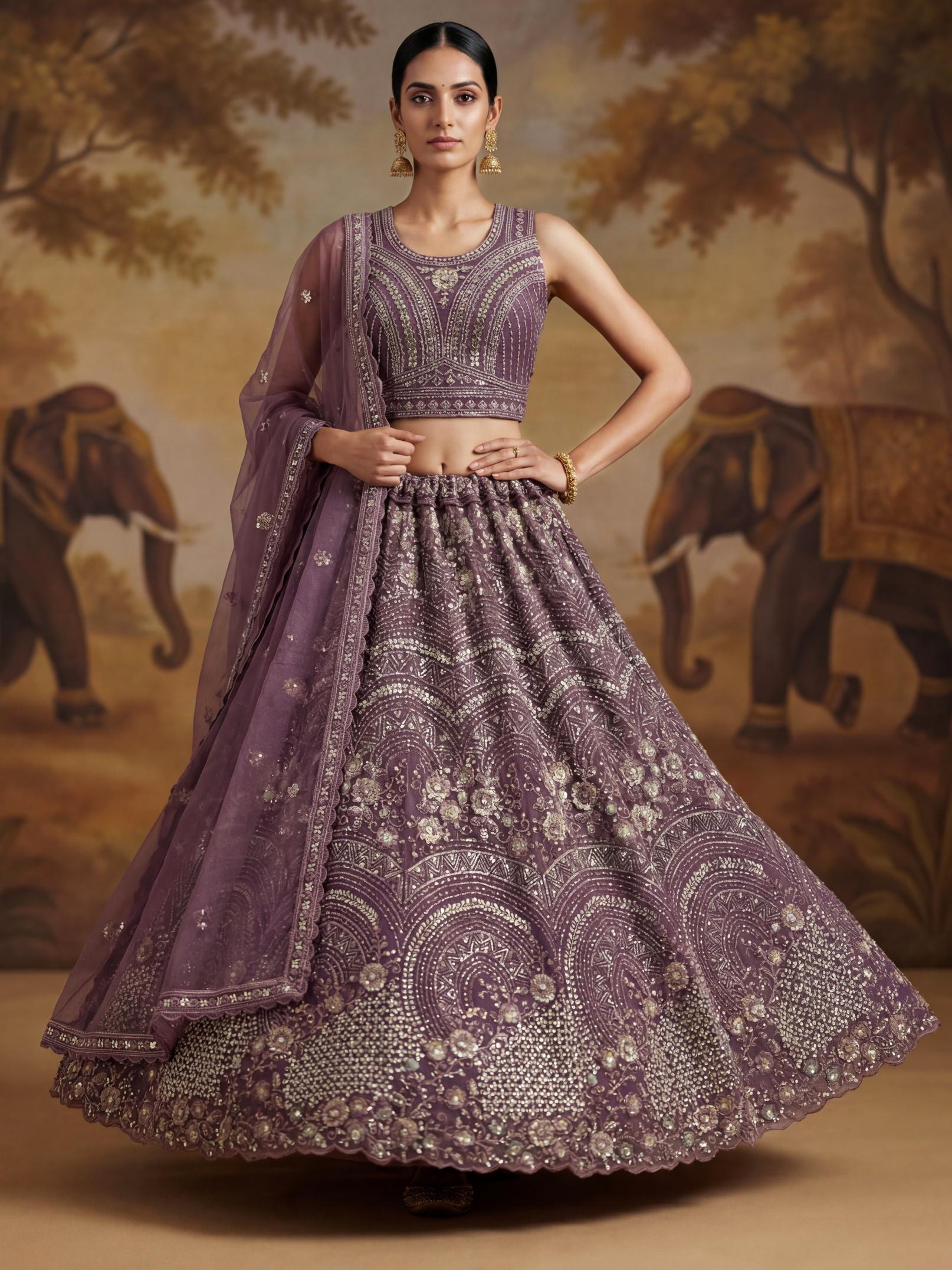 Purple Floral Beaded Embroidered Lehenga Choli