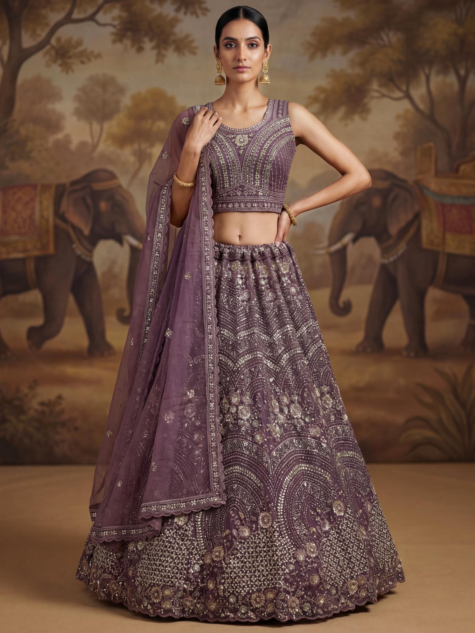 Purple Floral Beaded Embroidered Lehenga Choli