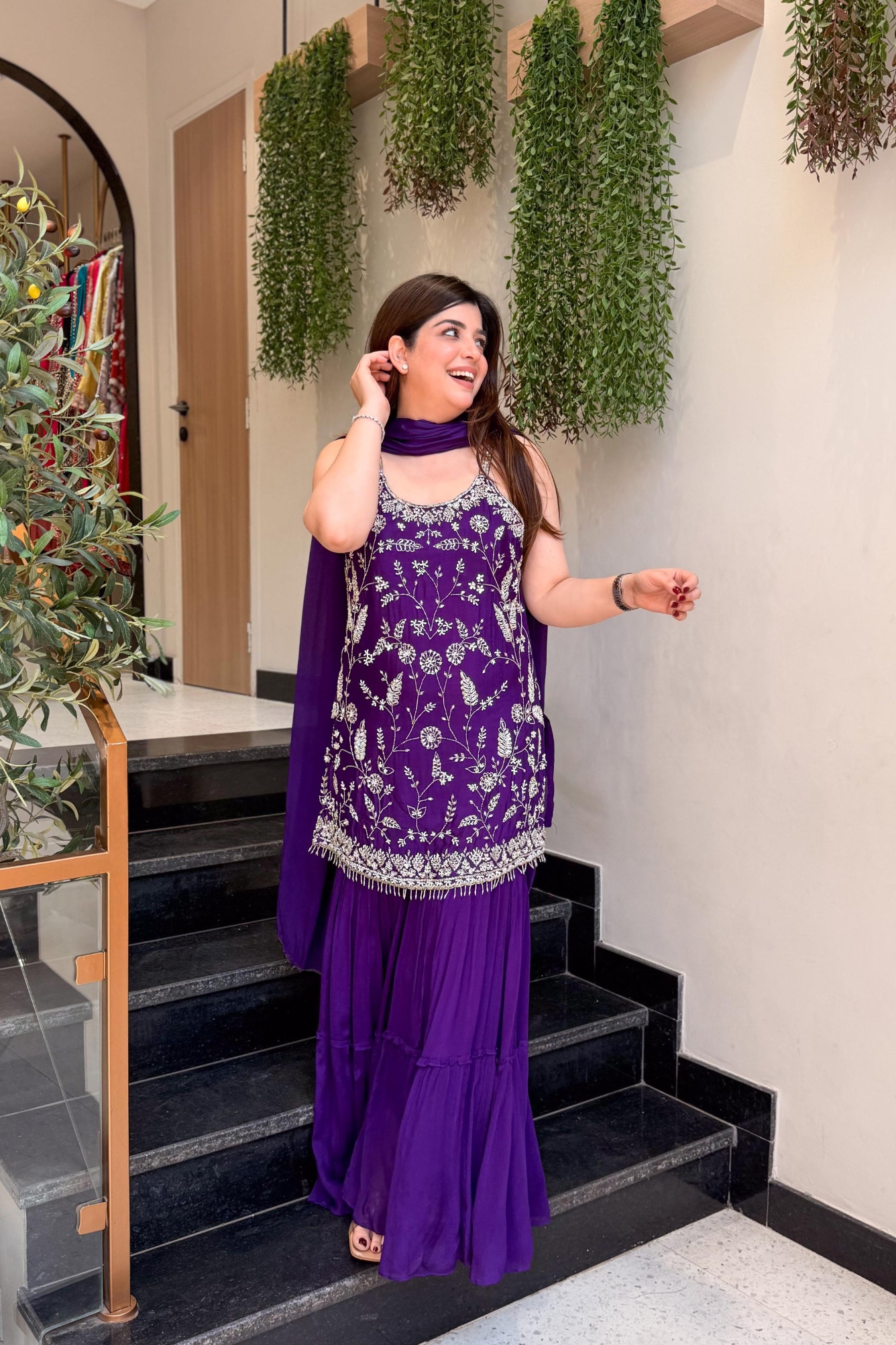 Purple Floral Chinon Sharara Suit