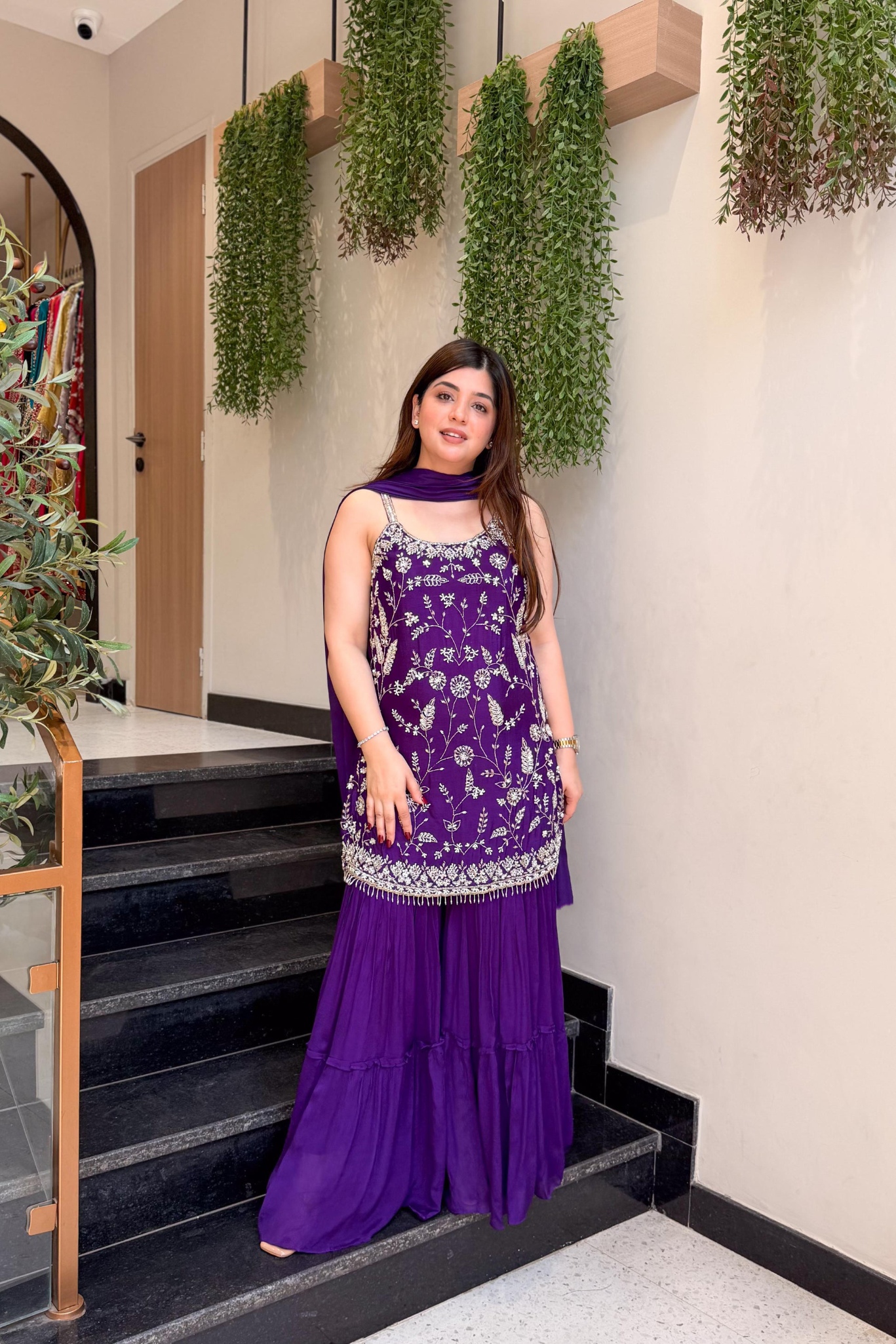 Purple Floral Chinon Sharara Suit