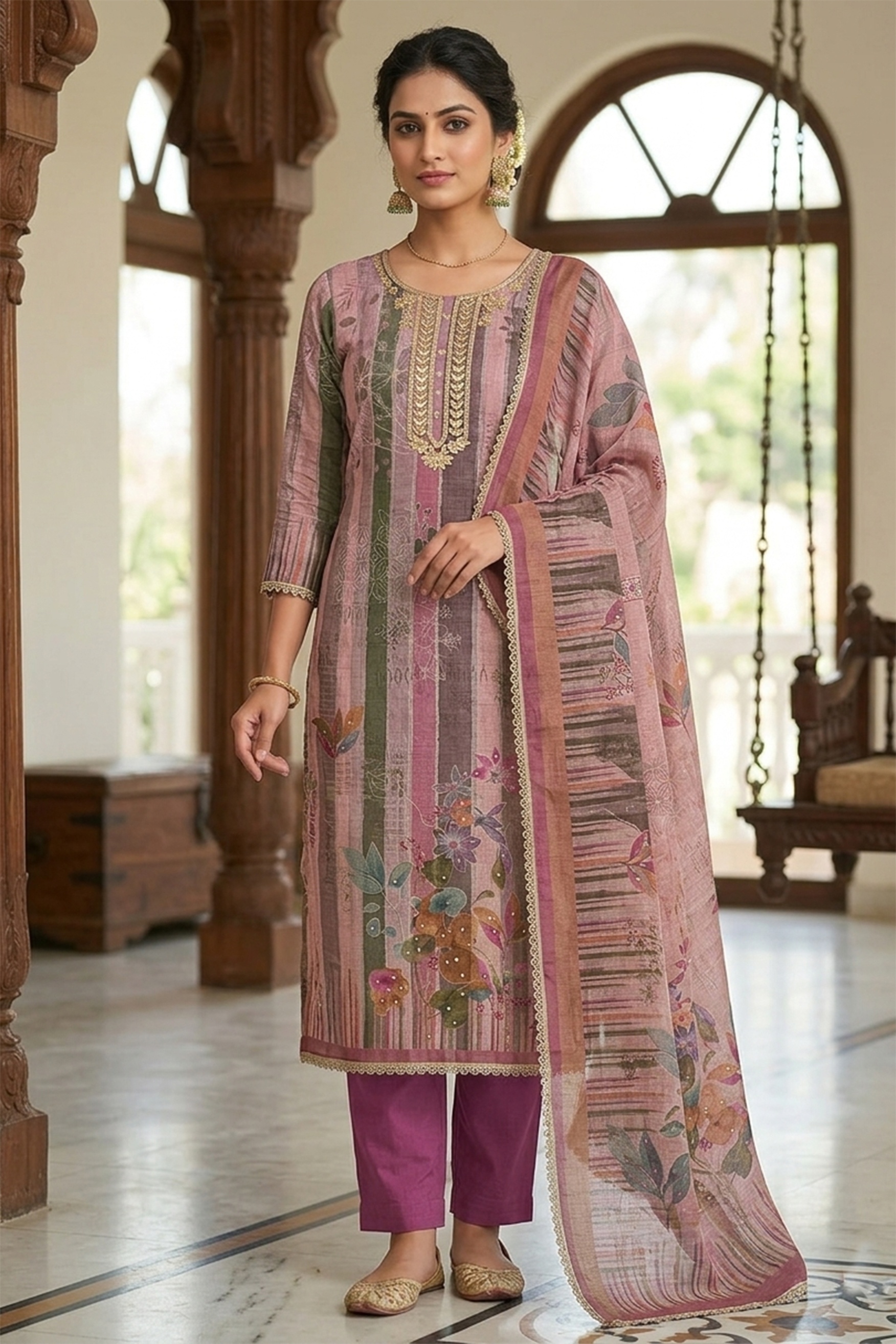 Purple Floral Cotton Linen Palazzo Suit