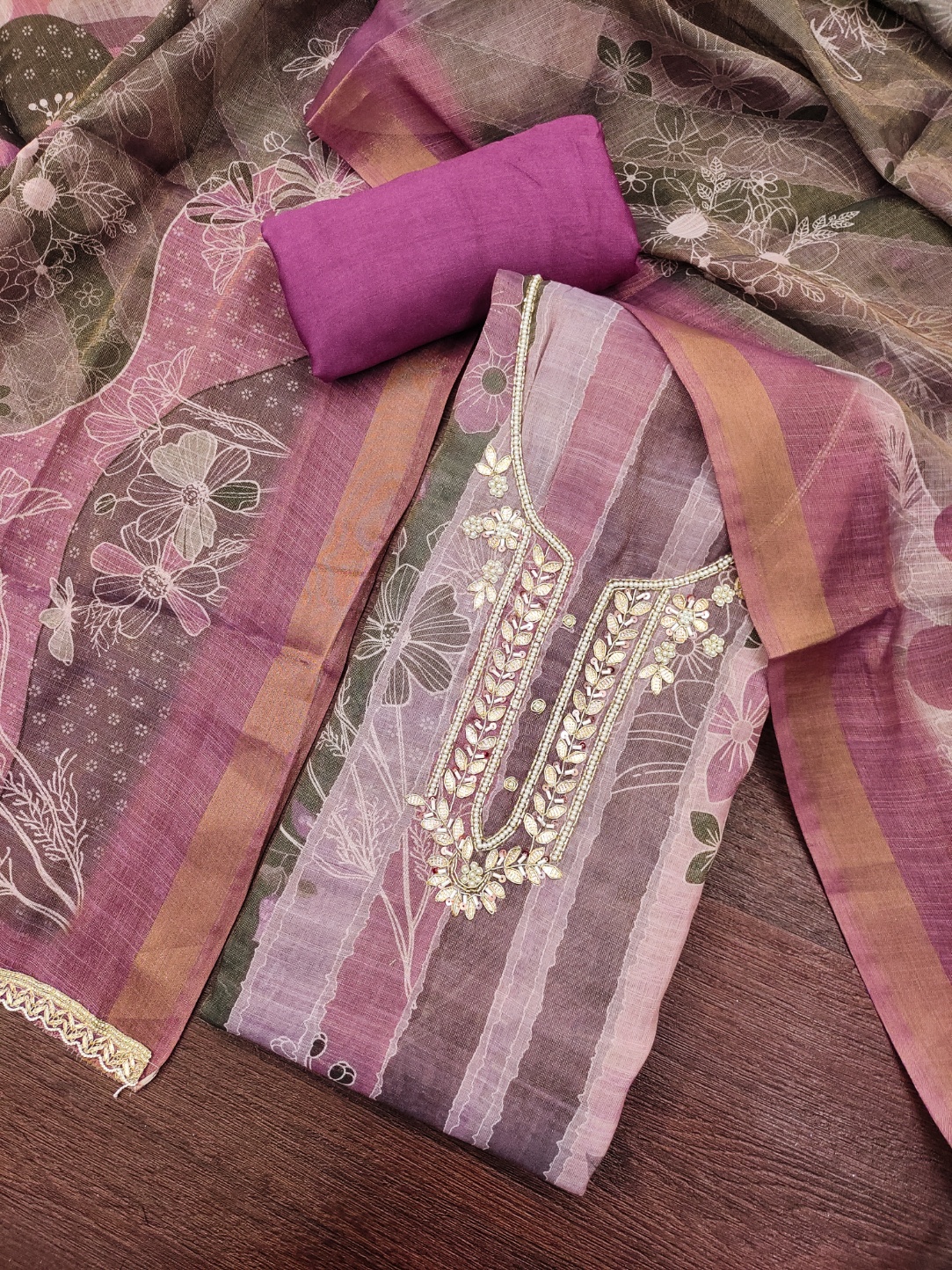 Purple Floral Cotton Linen Palazzo Suit