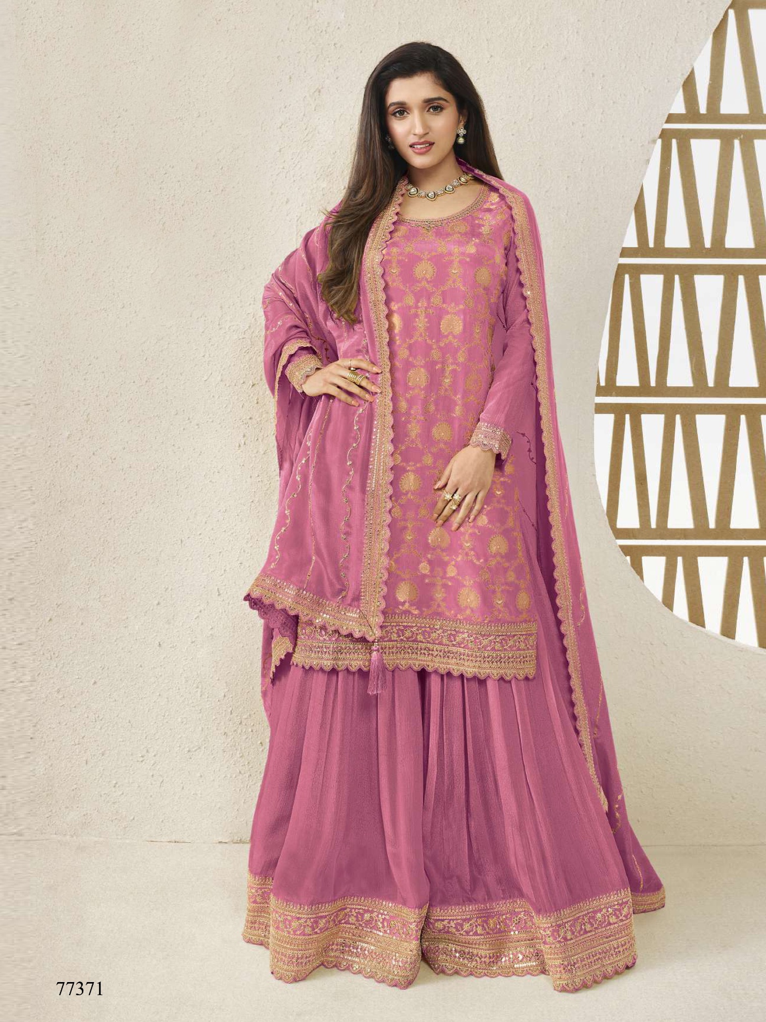 Purple Floral Designer Embroidery Chinon Palazzo Suit