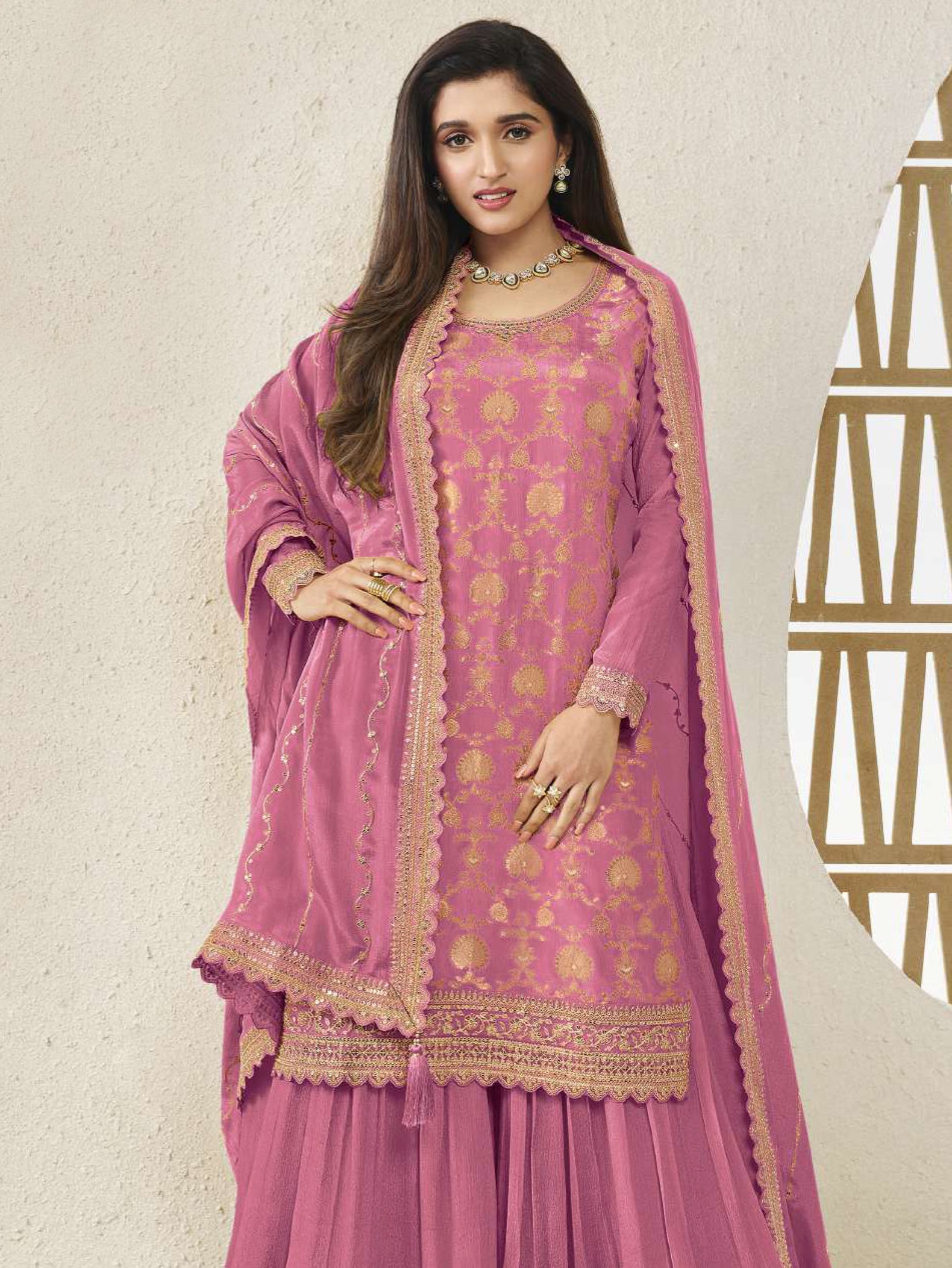 Purple Floral Designer Embroidery Chinon Palazzo Suit — alternate view