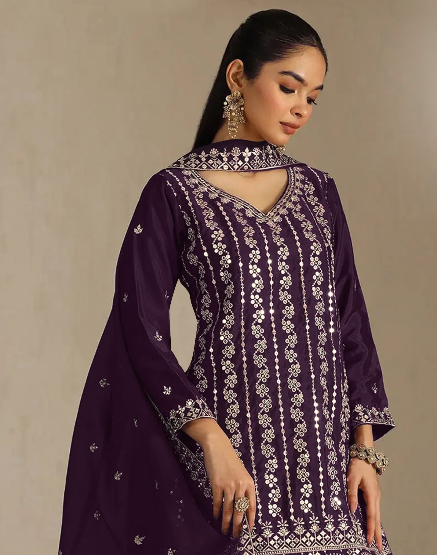 Purple Floral Designer Embroidery Chinon Palazzo Suit — alternate view