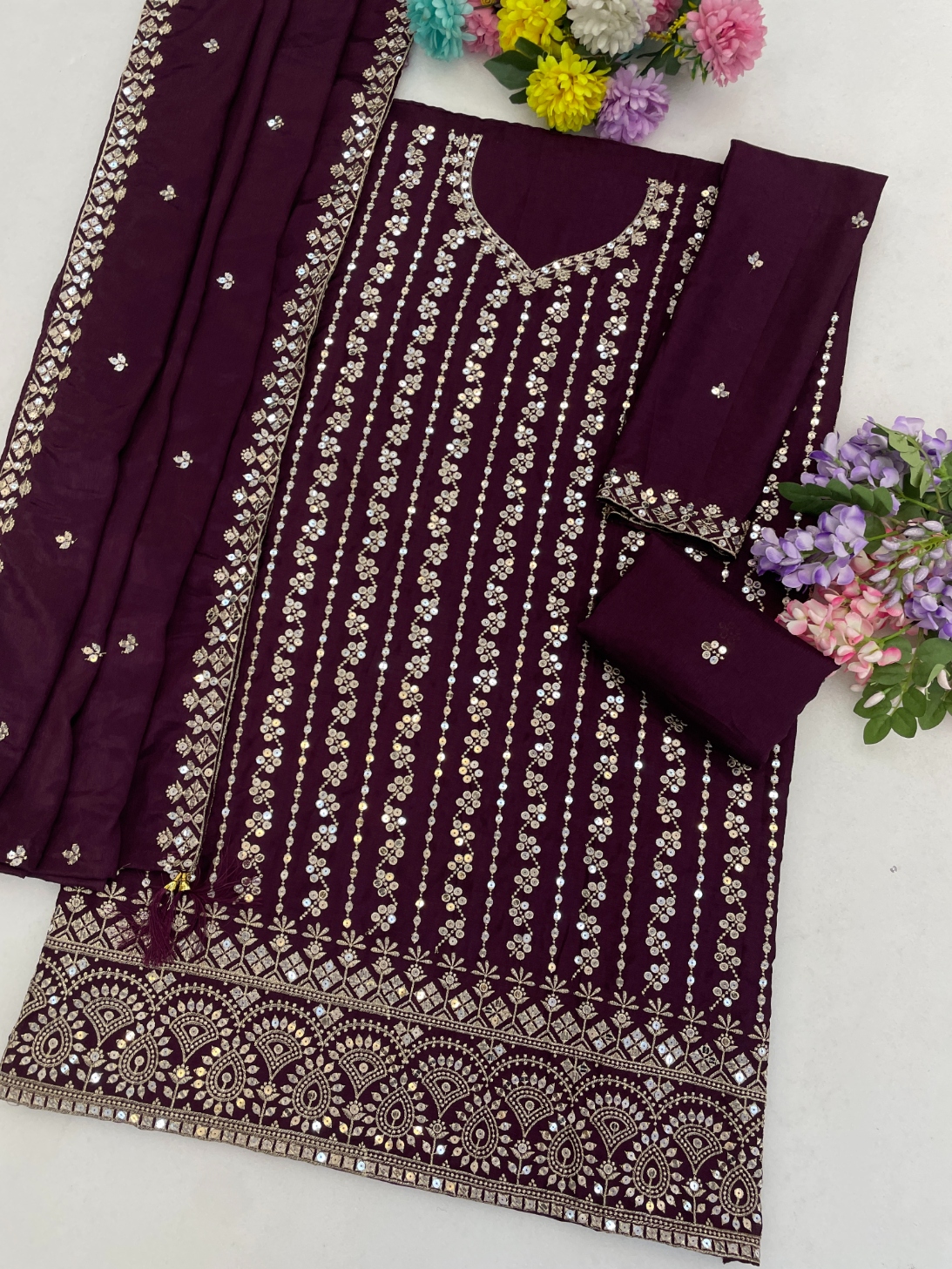 Purple Floral Designer Embroidery Chinon Palazzo Suit