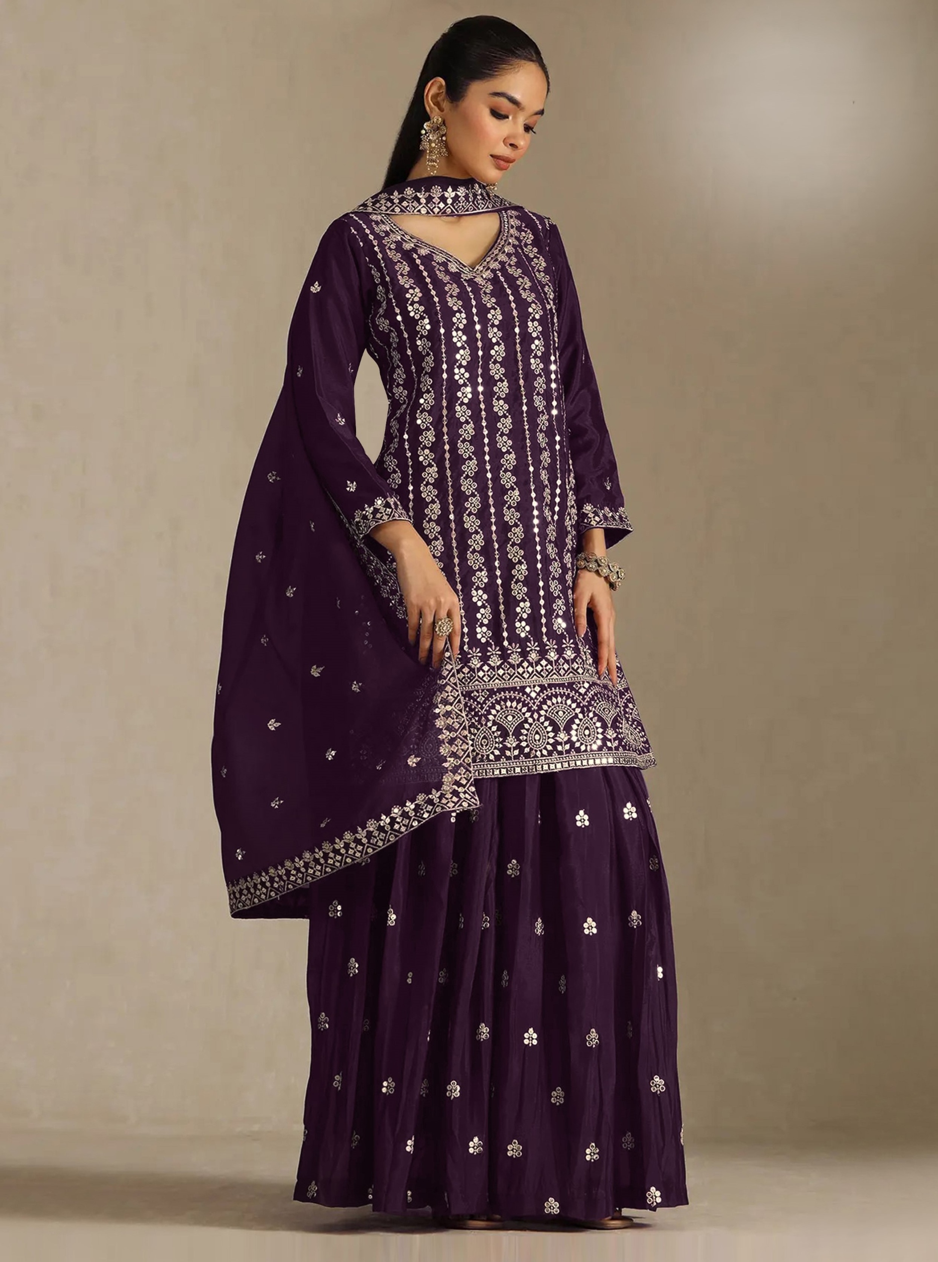 Purple Floral Designer Embroidery Chinon Palazzo Suit