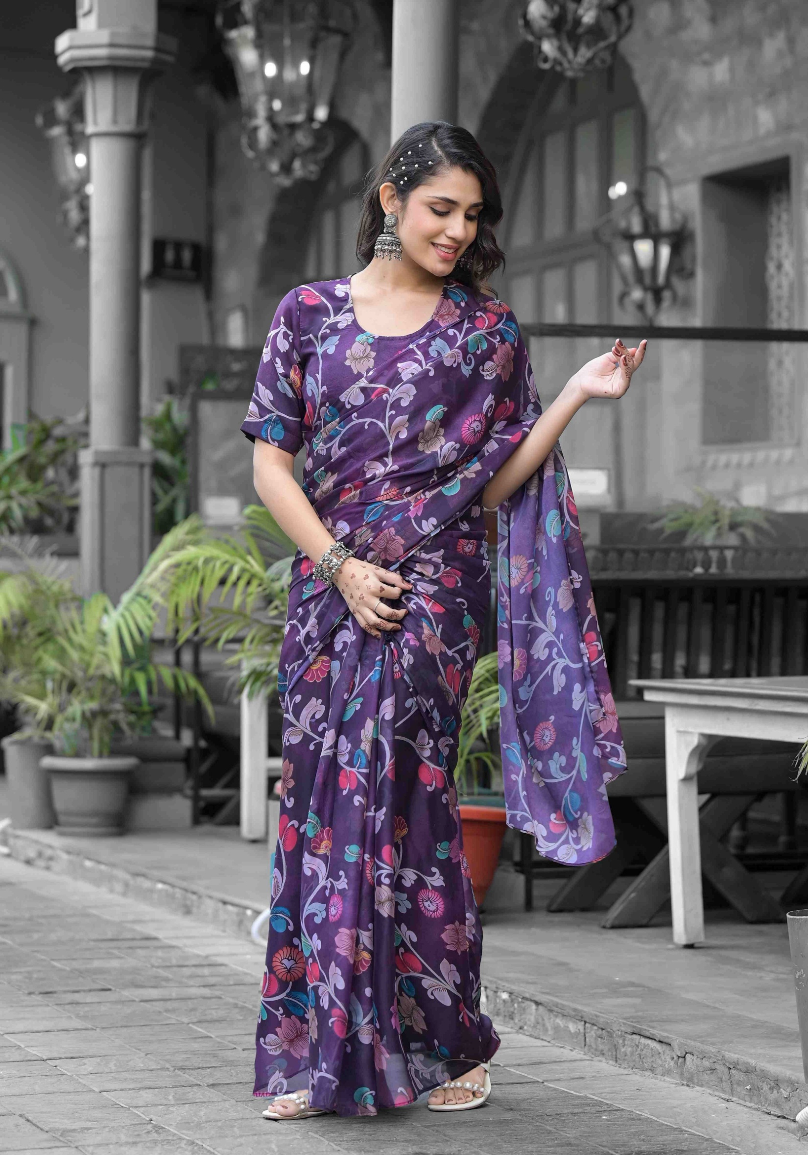 Purple Floral Digital Print Georgette Saree Gown
