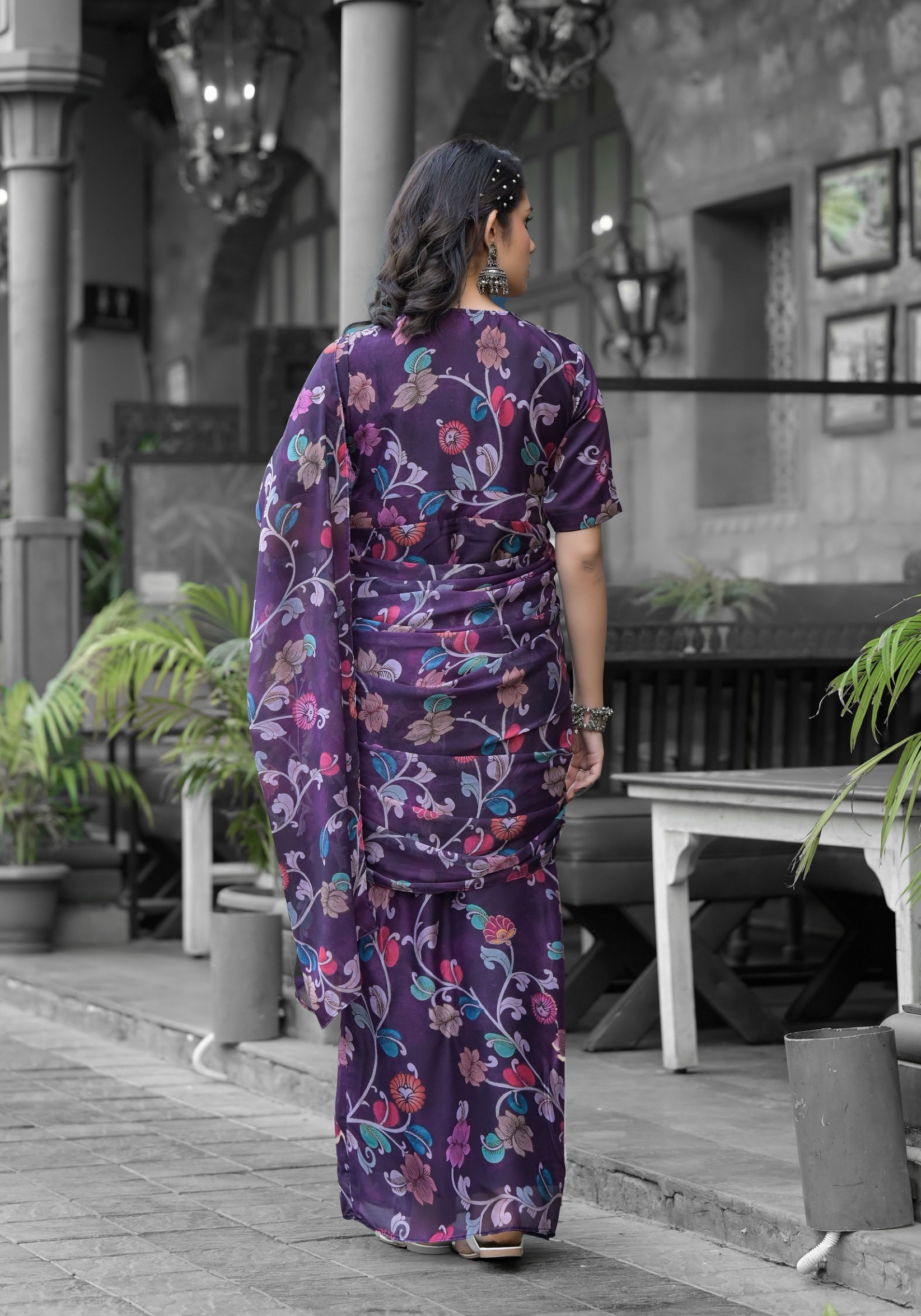 Purple Floral Digital Print Georgette Saree Gown — alternate view