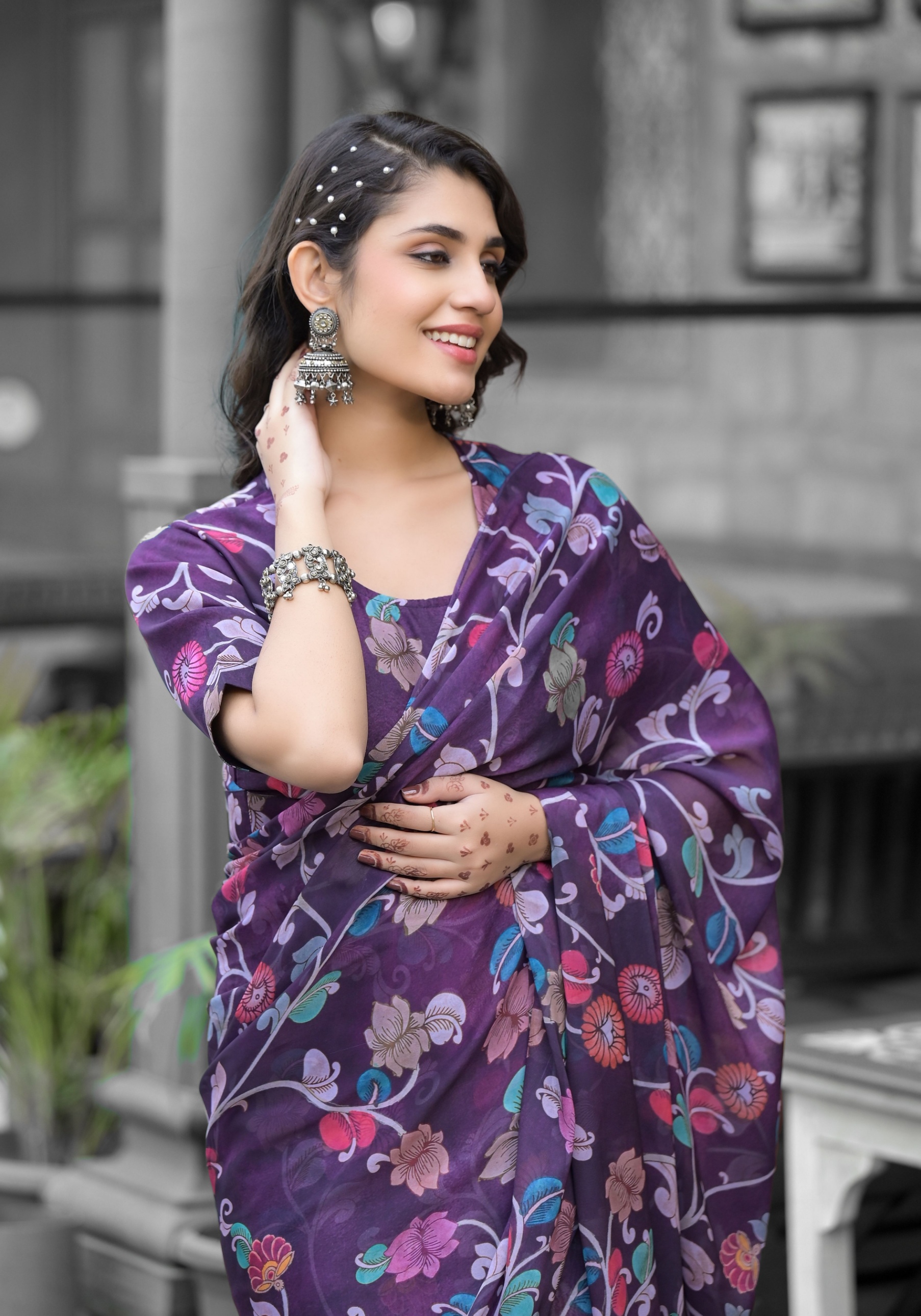Purple Floral Digital Print Georgette Saree Gown