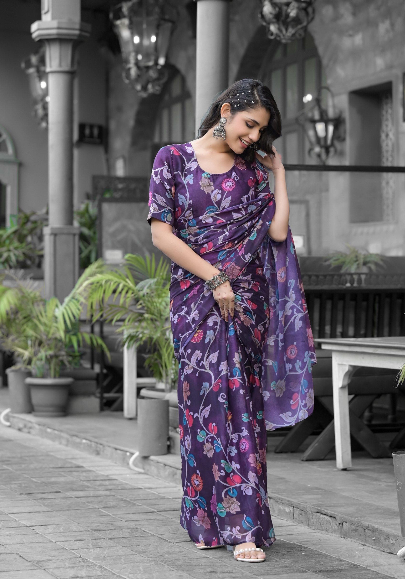 Purple Floral Digital Print Georgette Saree Gown