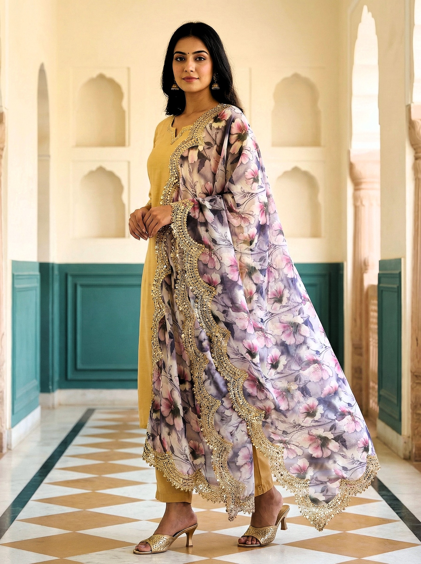 Purple Floral Digital Print Jimmy Choo Designer Dupatta — alternate view
