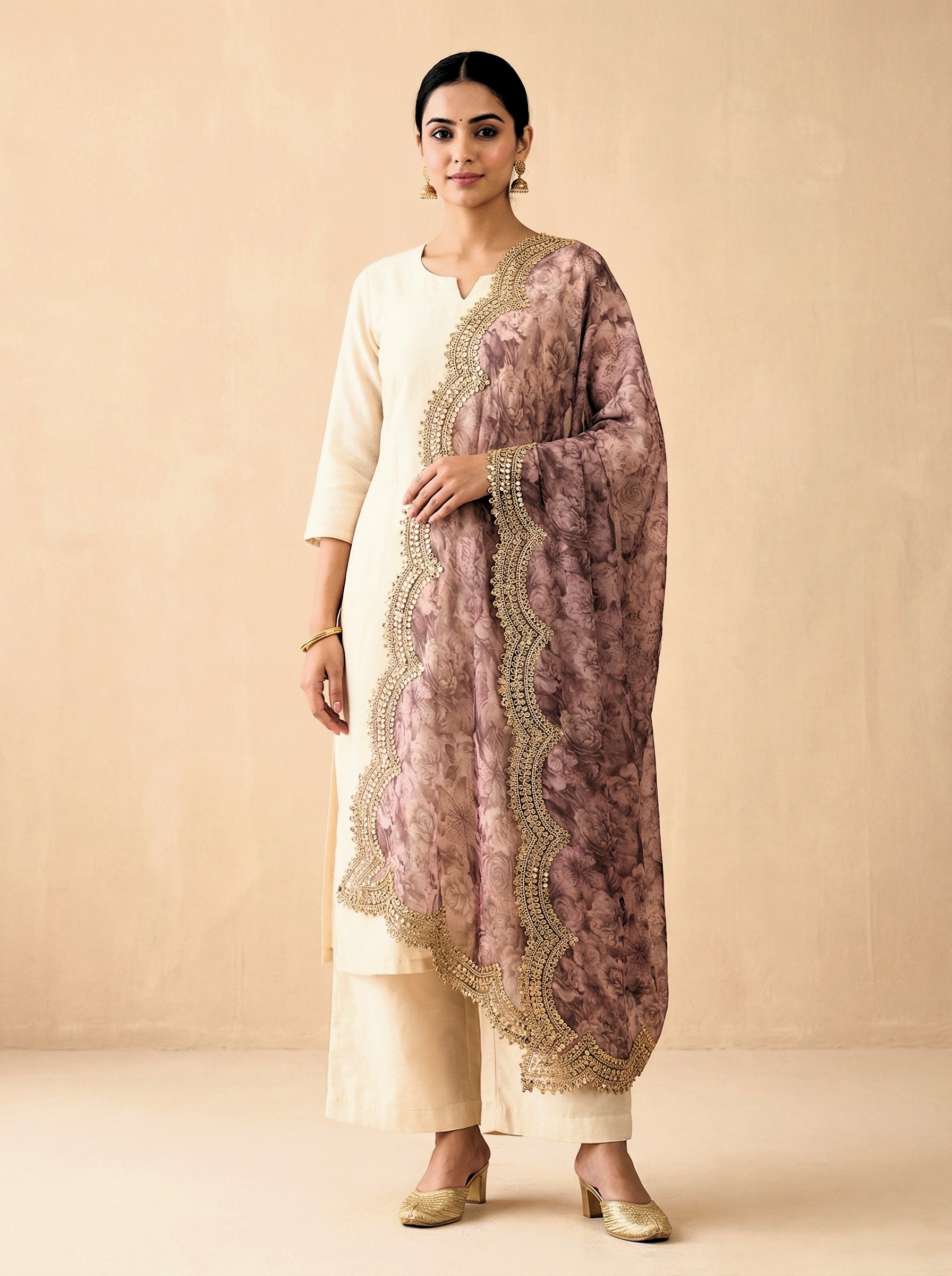 Purple Floral Digital Print Jimmy Choo Lace Dupatta