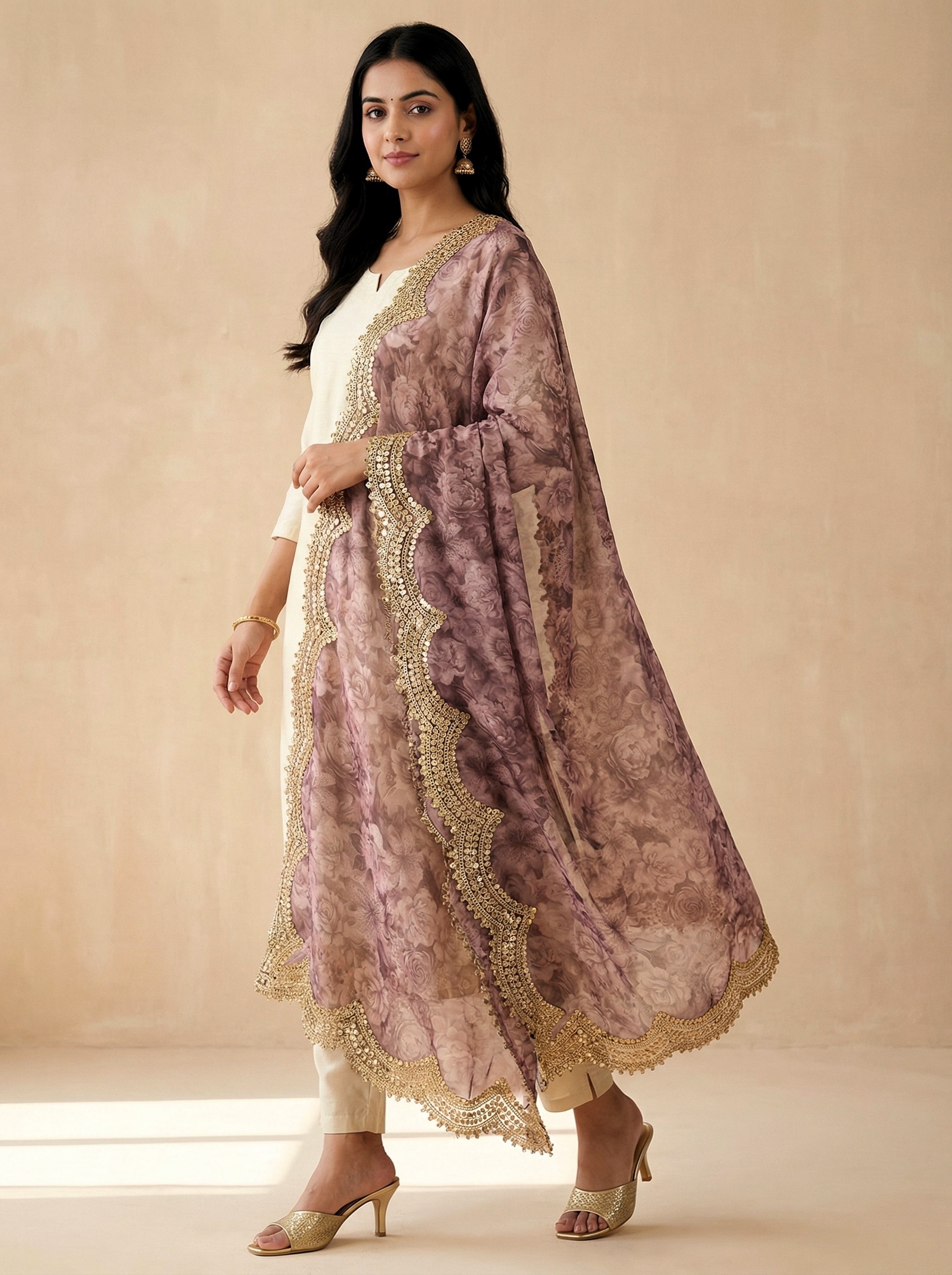 Purple Floral Digital Print Jimmy Choo Lace Dupatta — alternate view