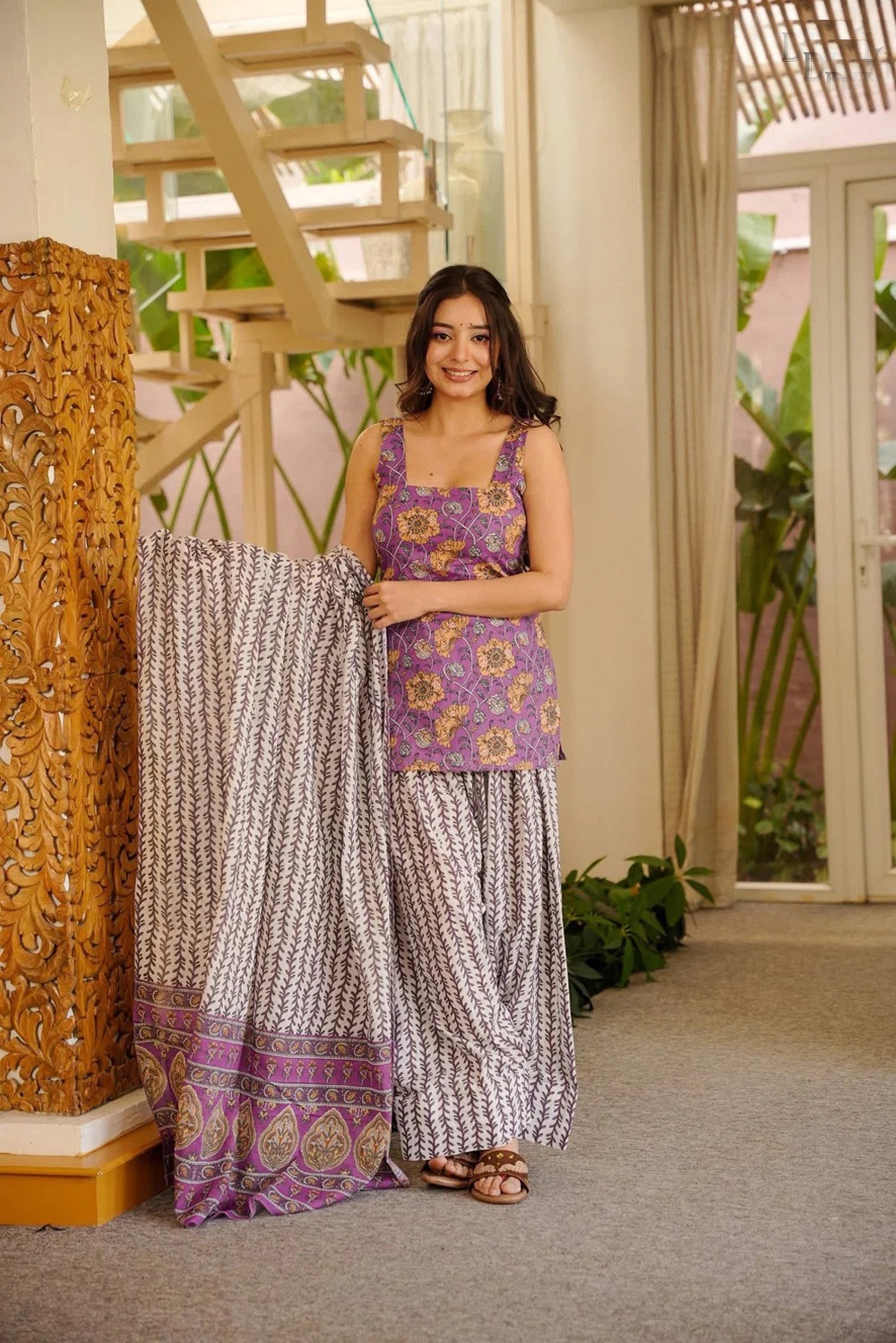 Purple Floral Digital Printed Cotton Silk Kurta Set