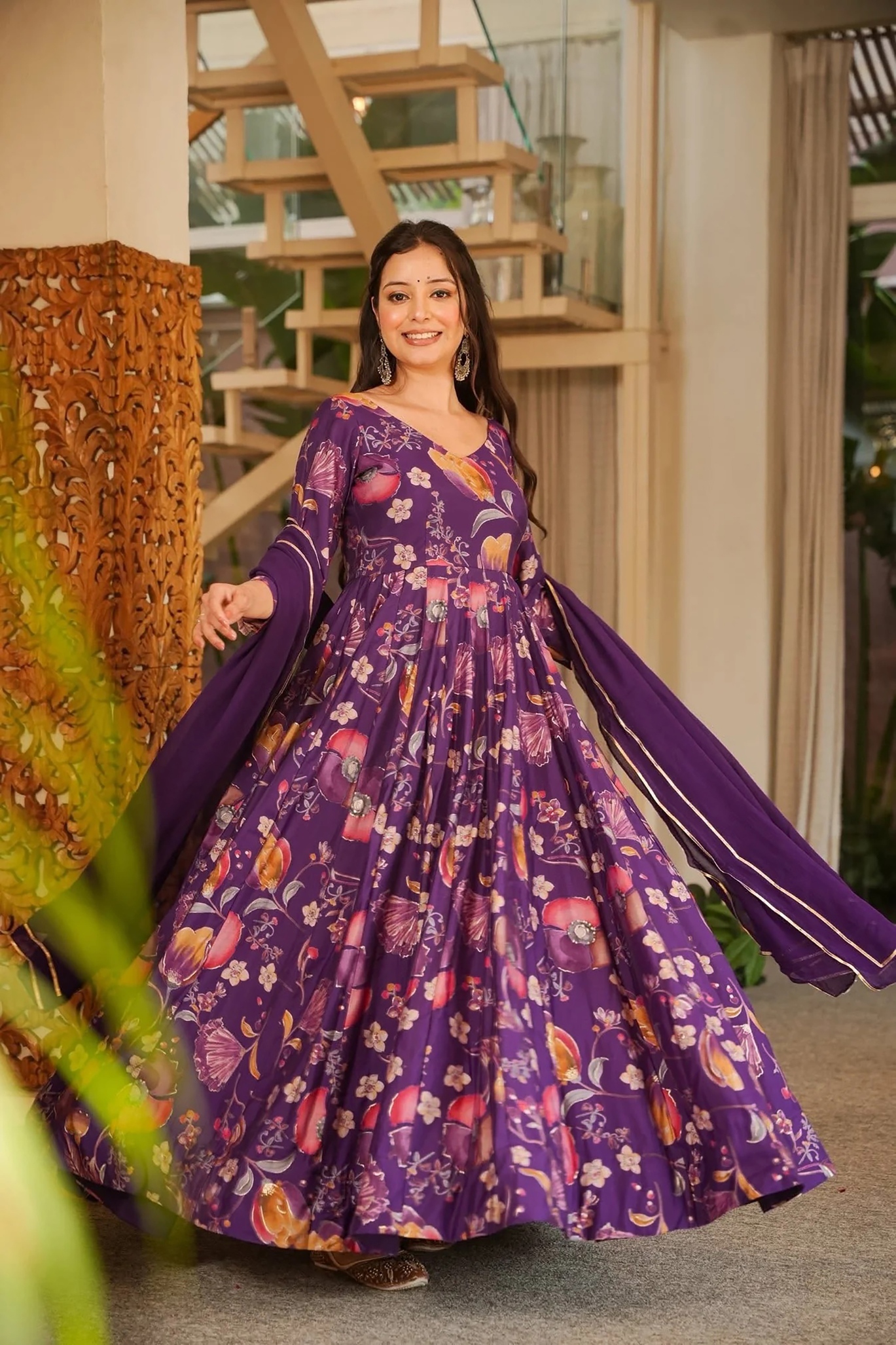 Purple Floral Digital Printed Rayon Gown
