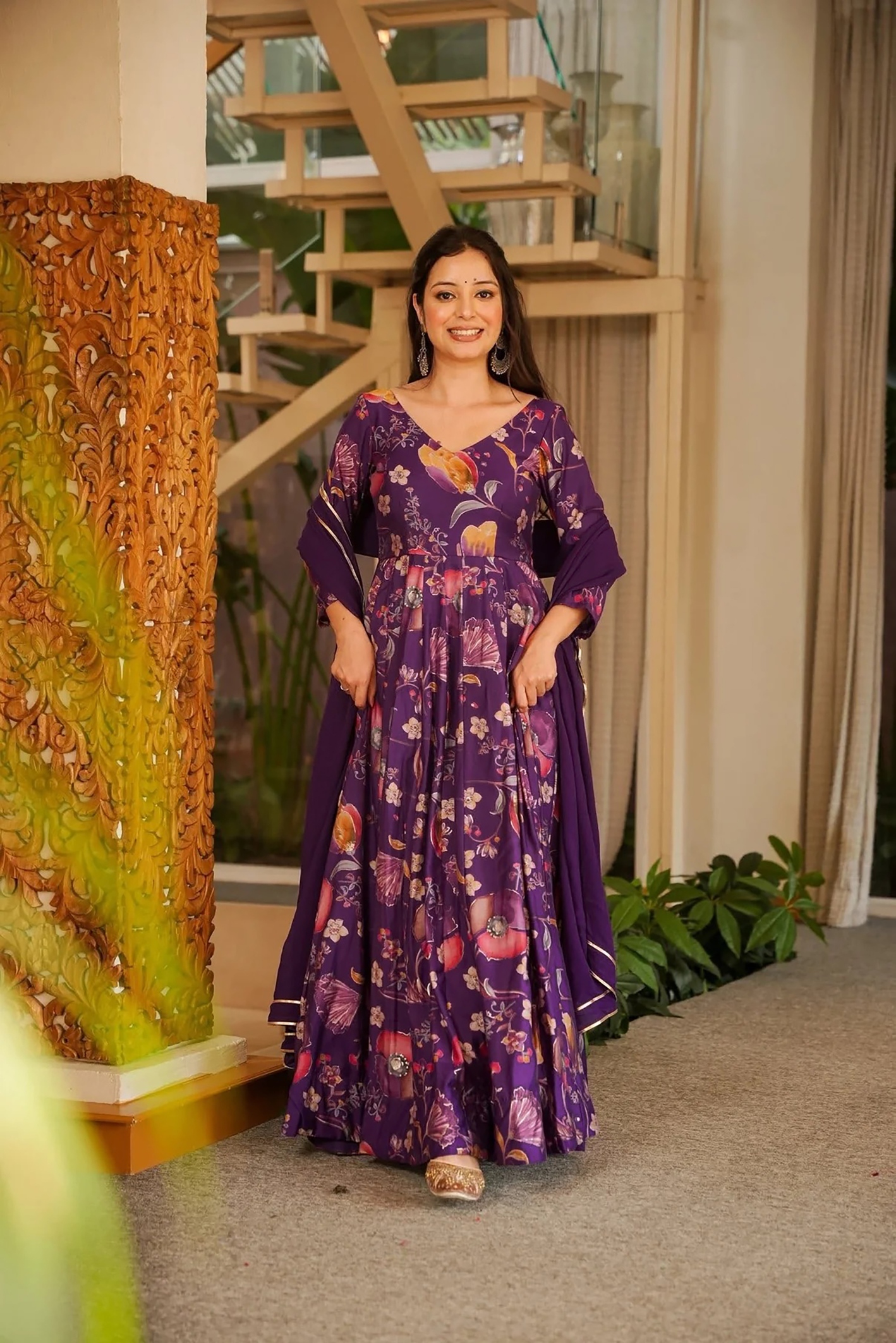 Purple Floral Digital Printed Rayon Gown — alternate view