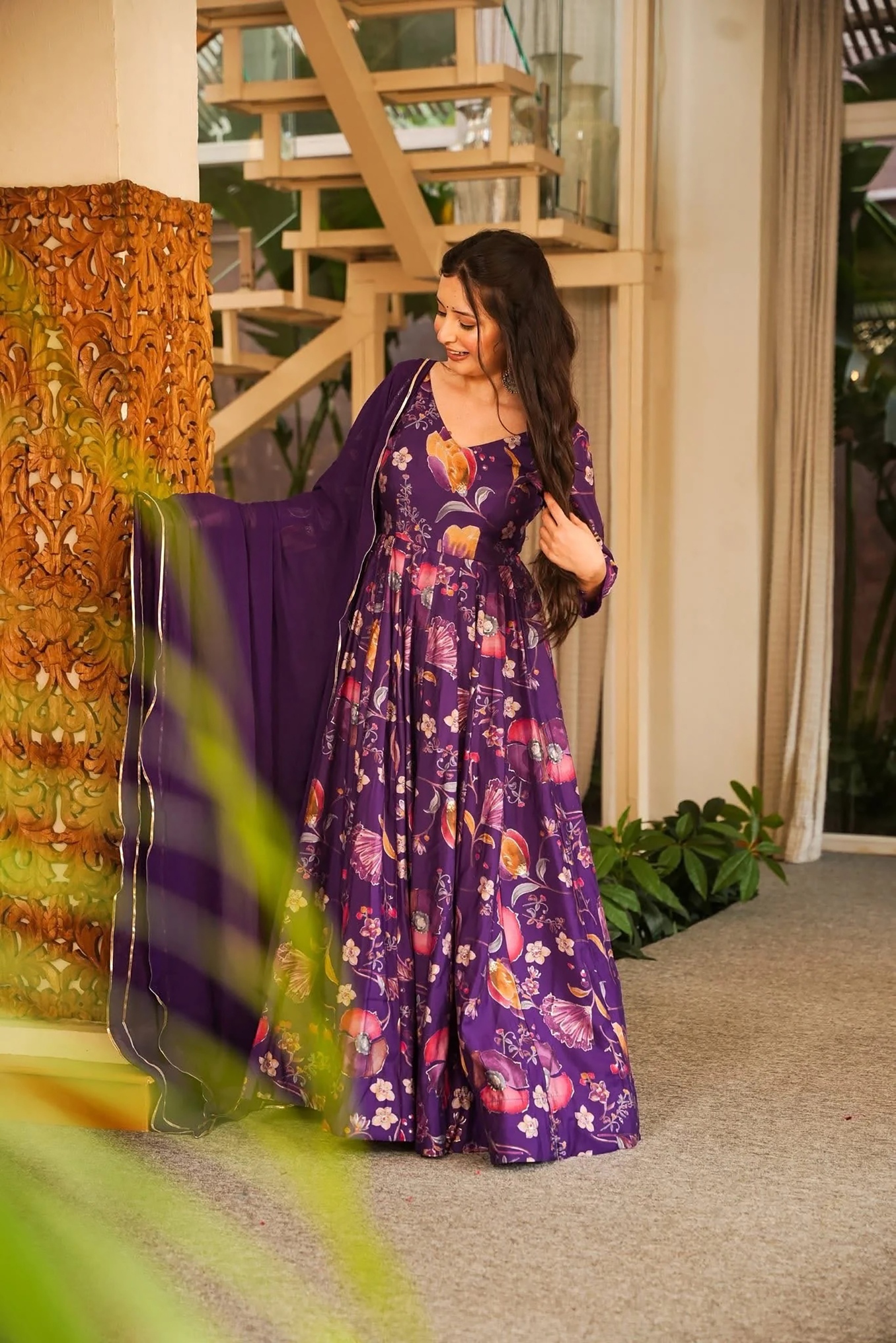 Purple Floral Digital Printed Rayon Gown