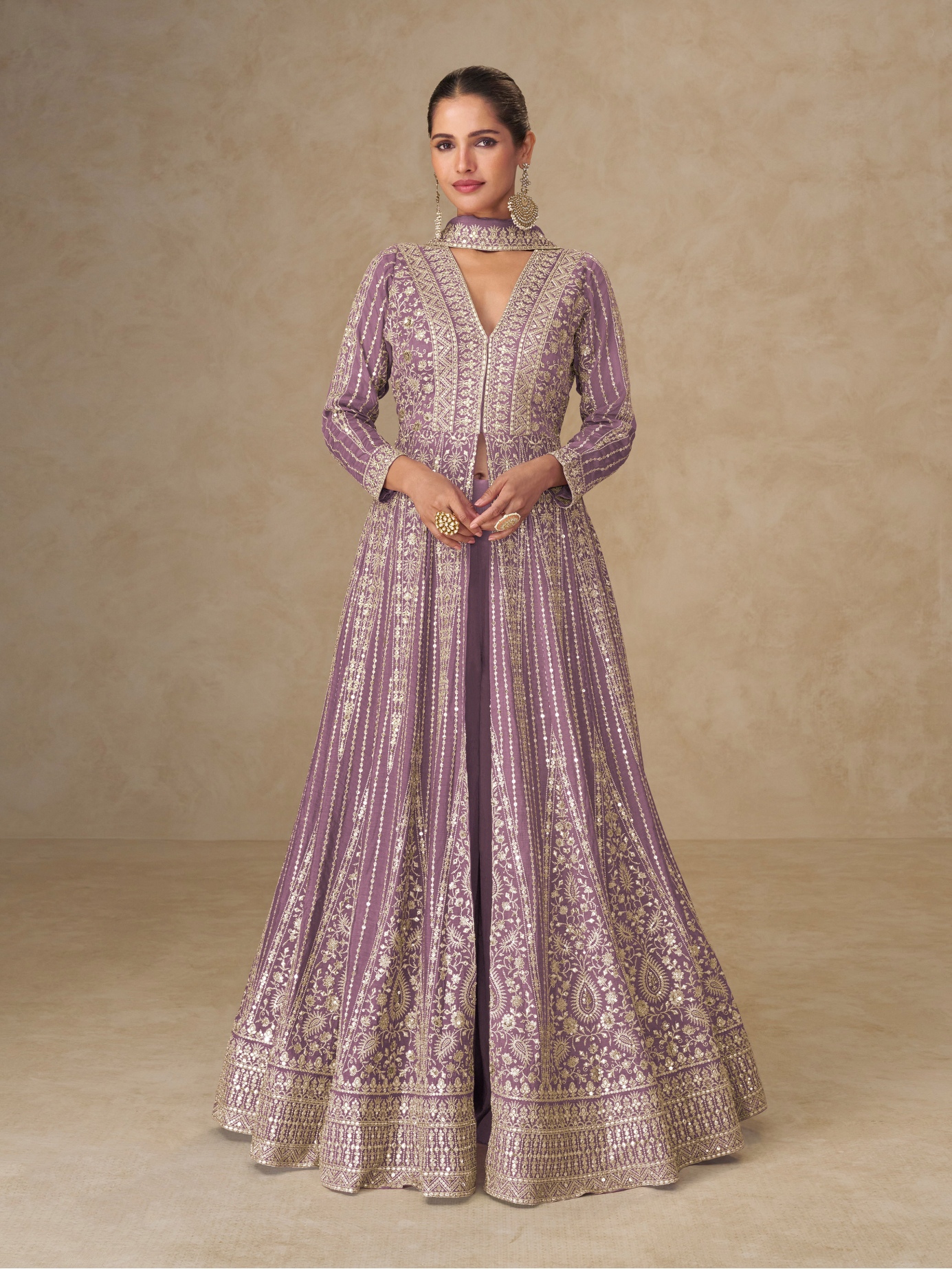 Purple Floral Embroidered Chinon Anarkali Suit