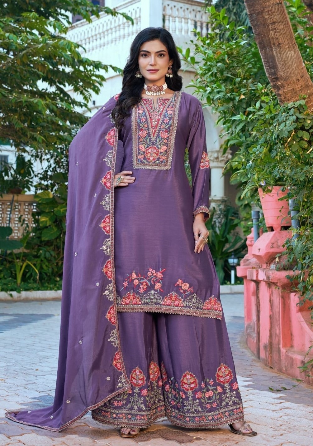 Purple Floral Embroidered Chinon Palazzo Suit