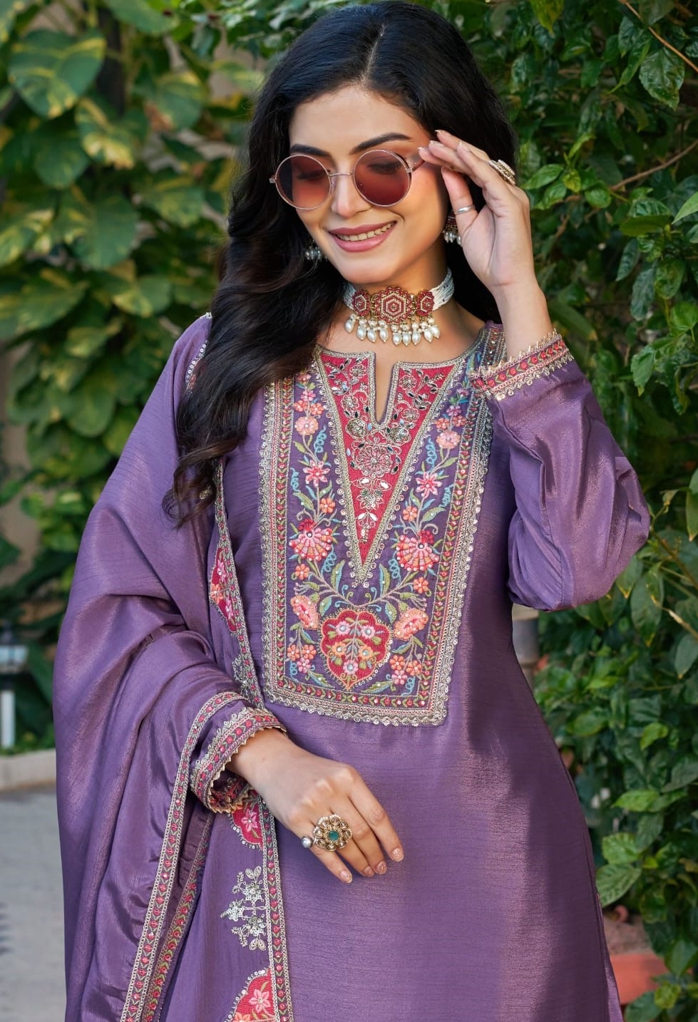 Purple Floral Embroidered Chinon Palazzo Suit — alternate view