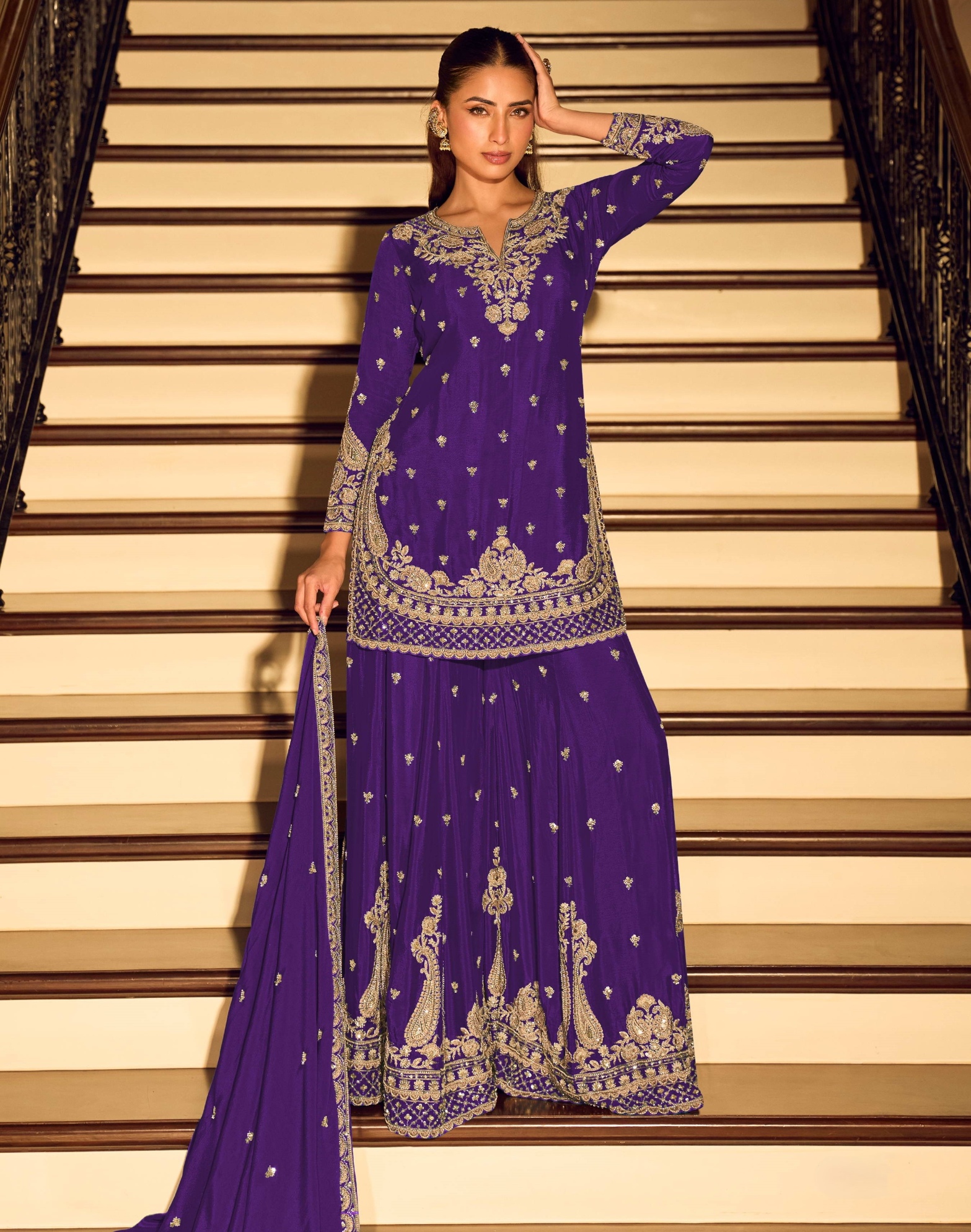 Purple Floral Embroidered Chinon Palazzo Suit