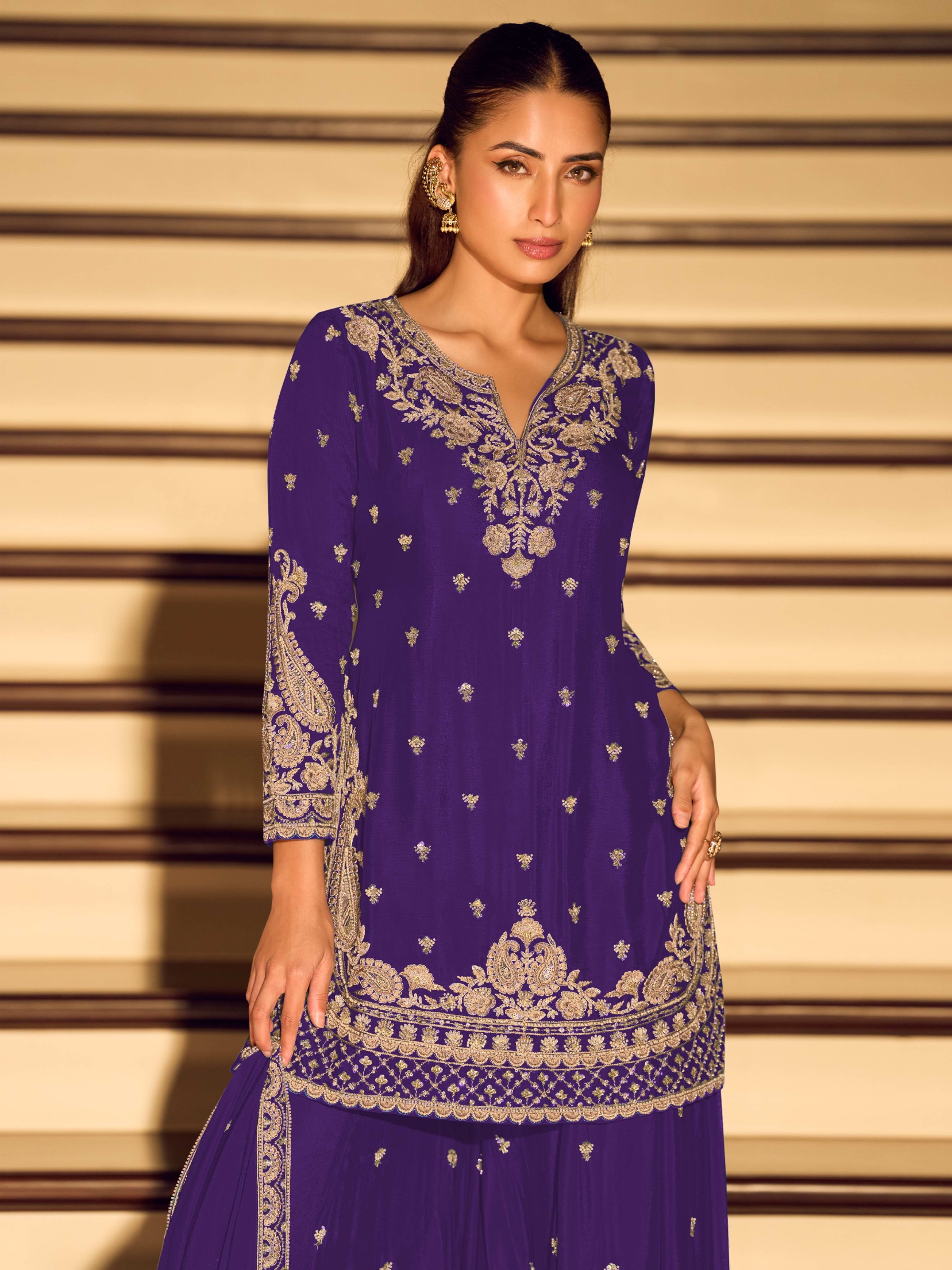 Purple Floral Embroidered Chinon Palazzo Suit