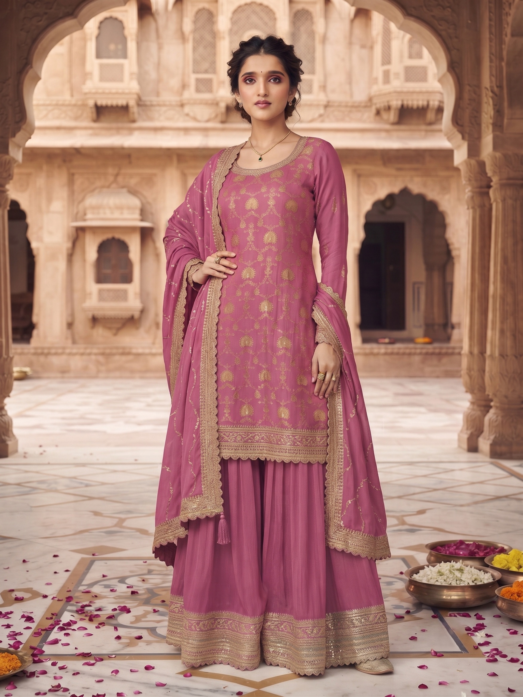 Purple Floral Embroidered Chinon Palazzo Suit