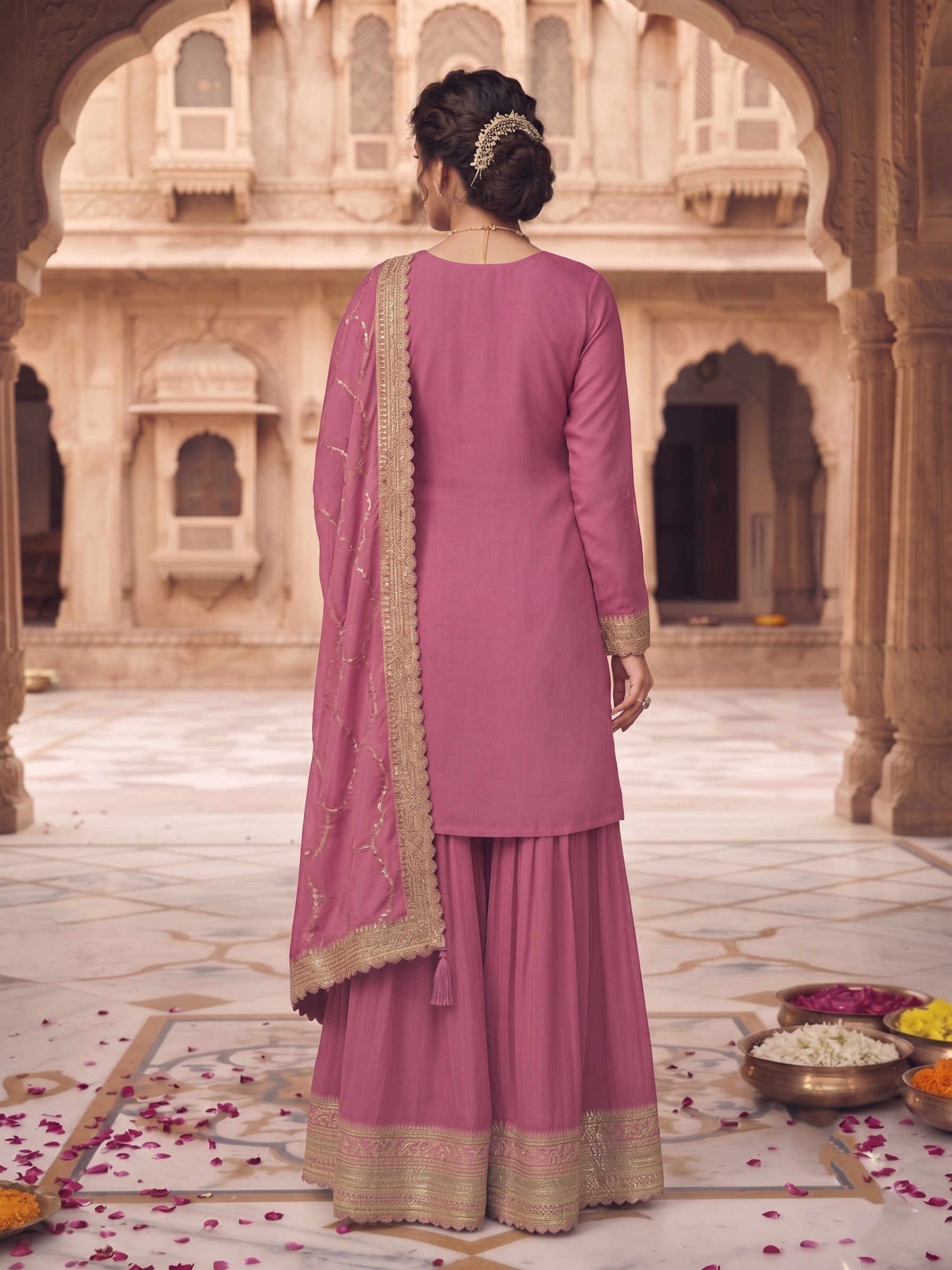 Purple Floral Embroidered Chinon Palazzo Suit