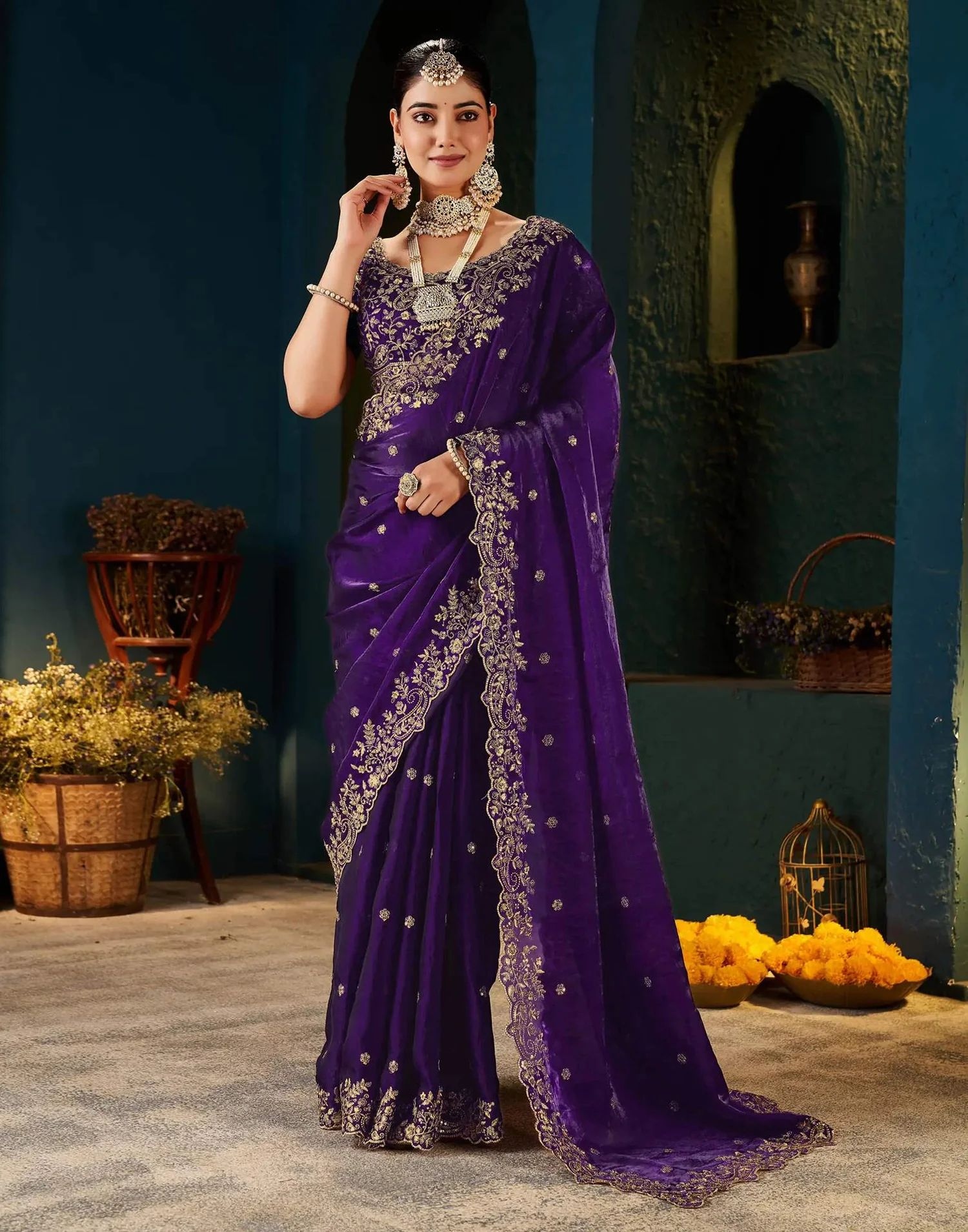 Purple Floral Embroidered Designer Saree