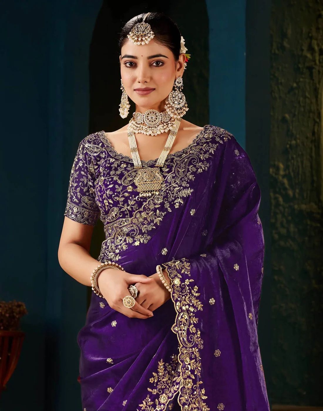 Purple Floral Embroidered Designer Saree — alternate view