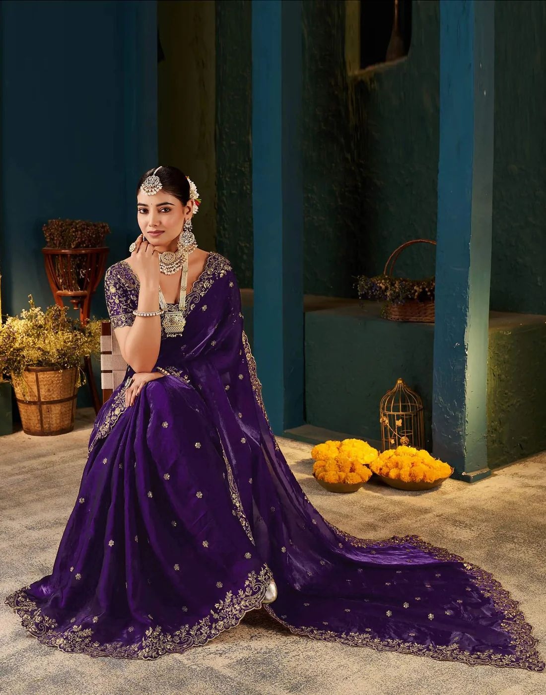 Purple Floral Embroidered Designer Saree