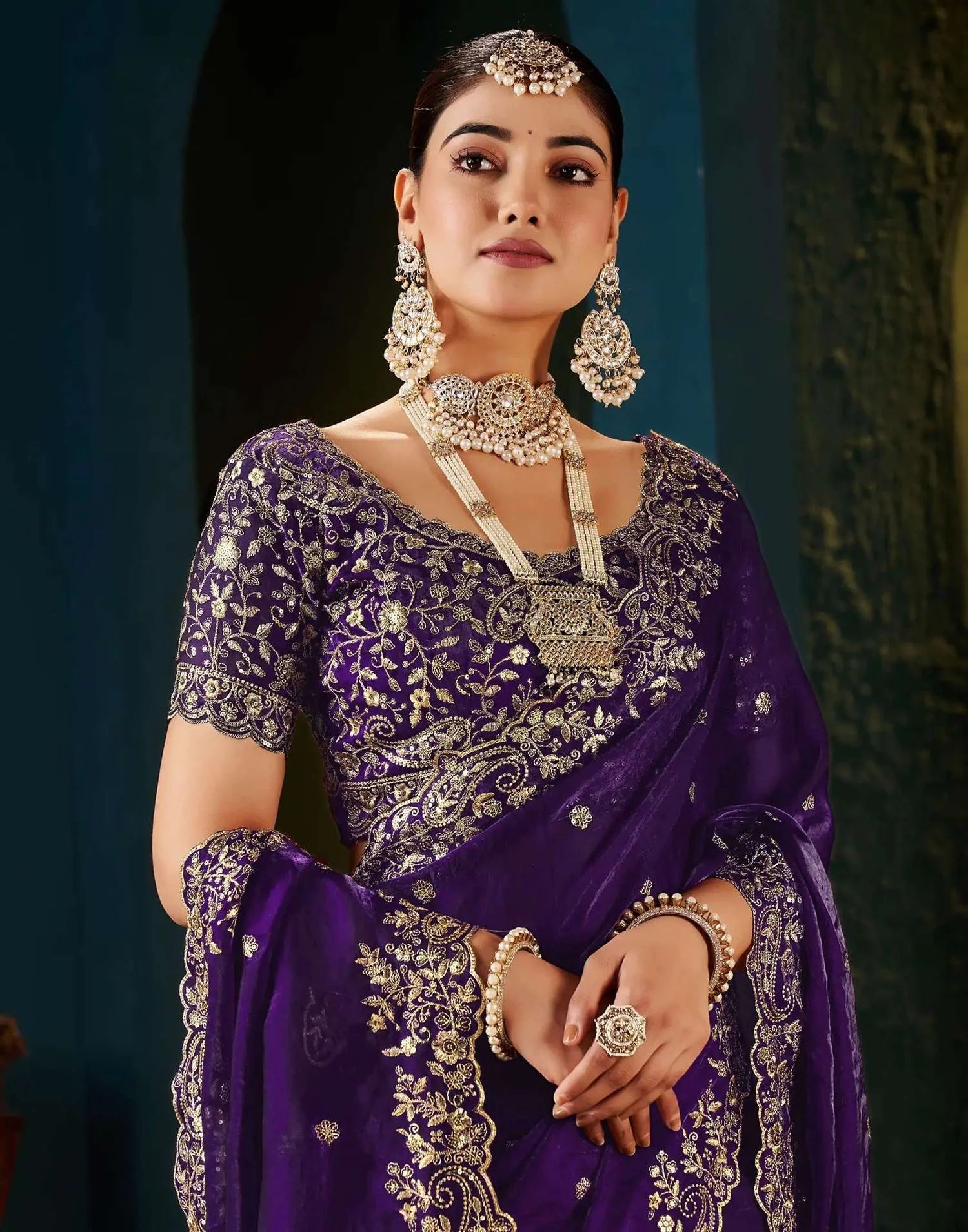 Purple Floral Embroidered Designer Saree