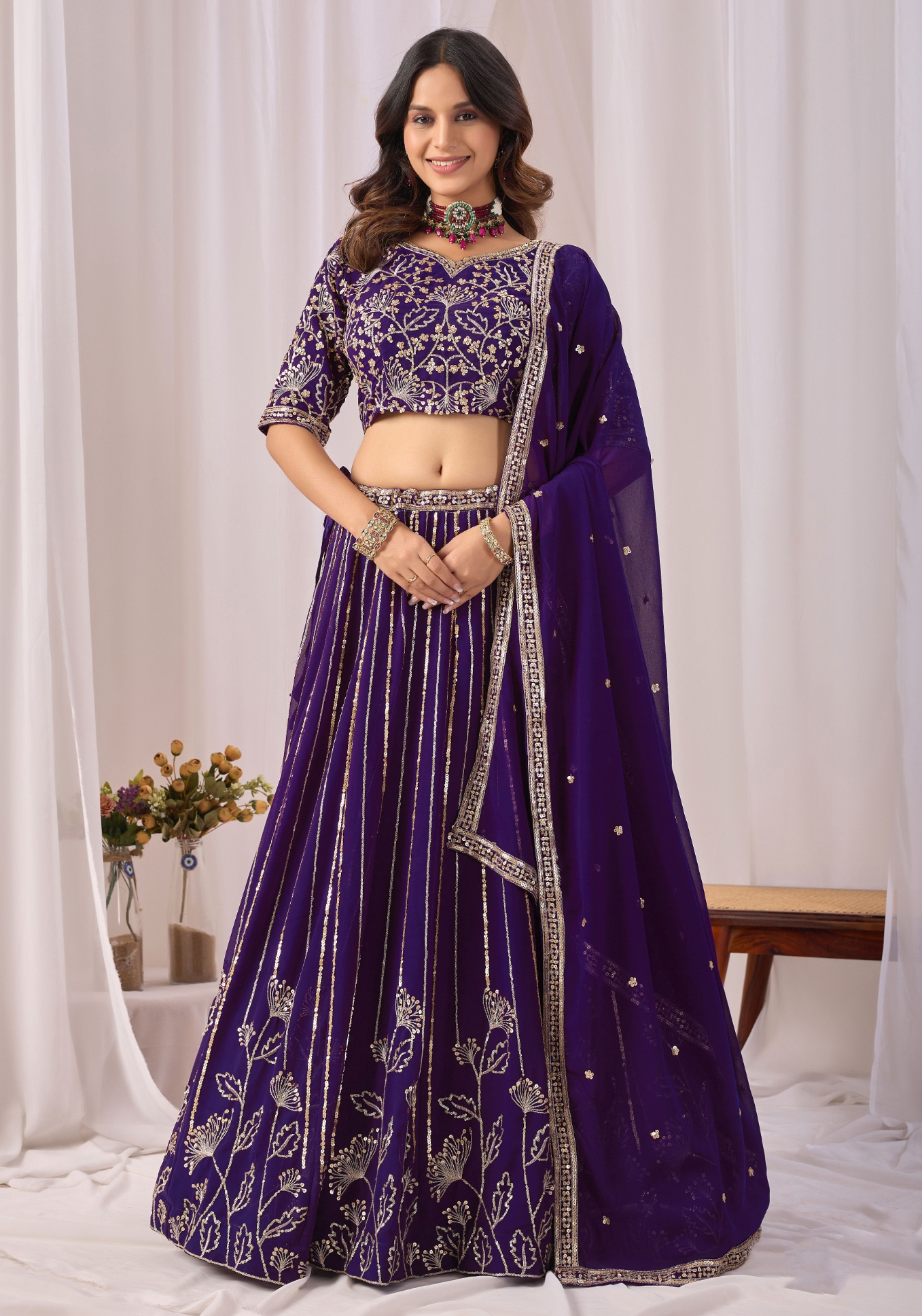Purple Floral Embroidered Faux Georgette Lehenga Set