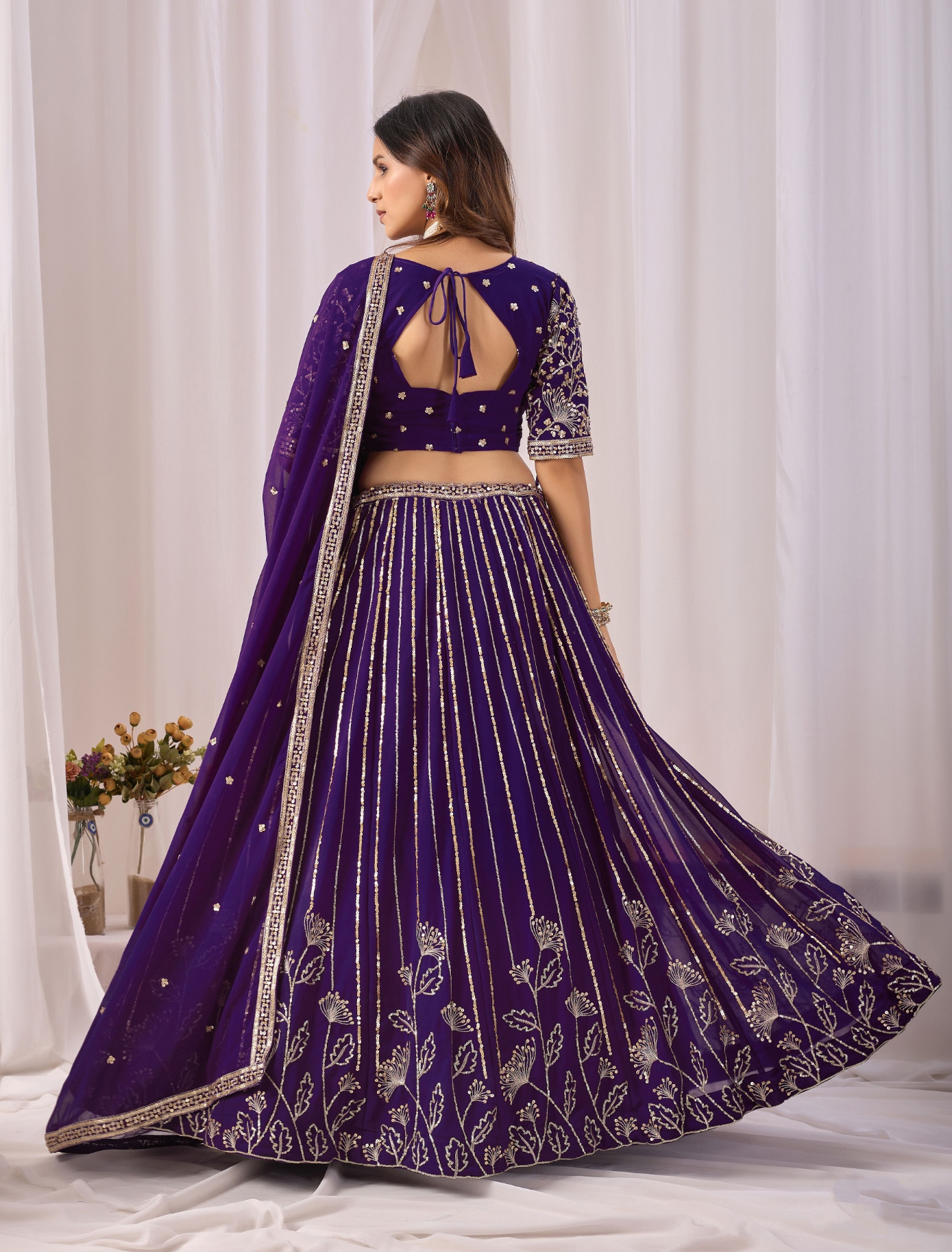 Purple Floral Embroidered Faux Georgette Lehenga Set — alternate view